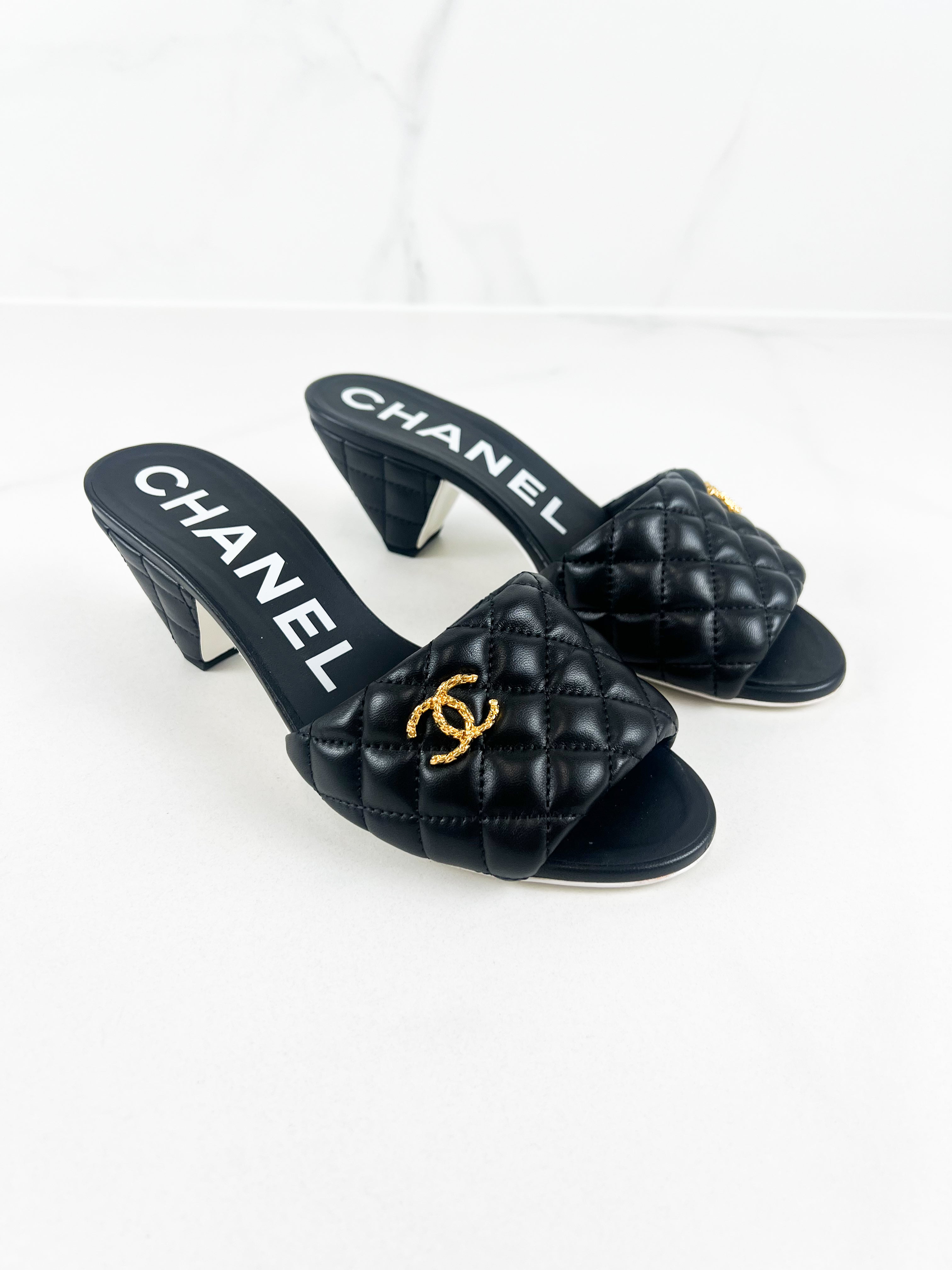 Chanel Black Lambskin Quilted Mules with Gold CC Logo