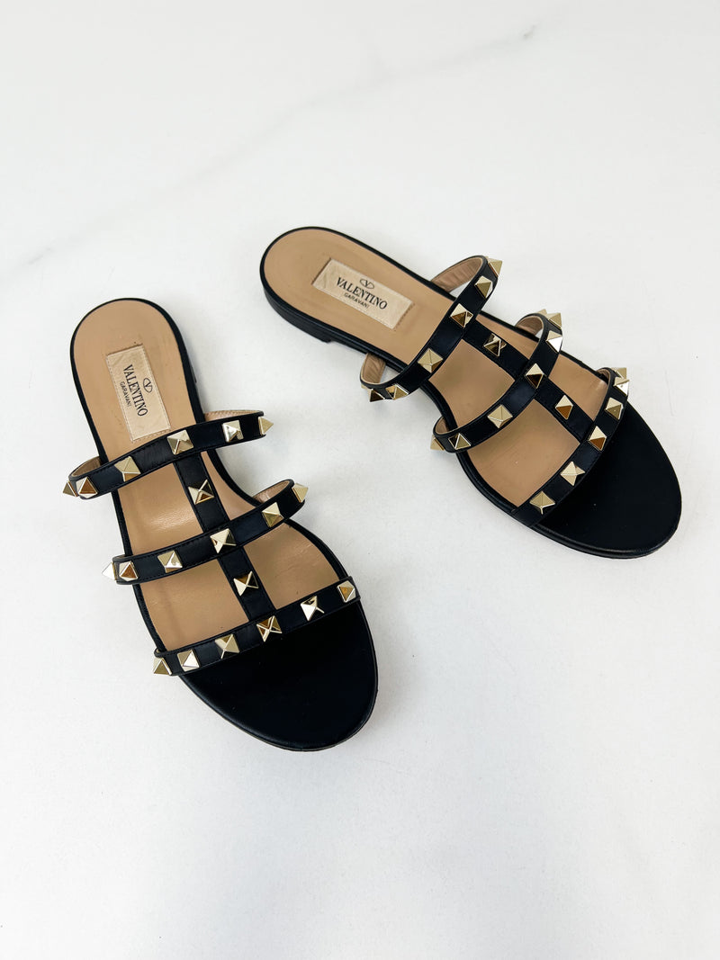 Valentino Garavani Caged Black Rockstud Slides Size 37