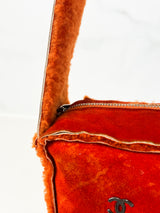 Chanel Vintage Orange Sheepskin Suede Logos Shoulder Bag