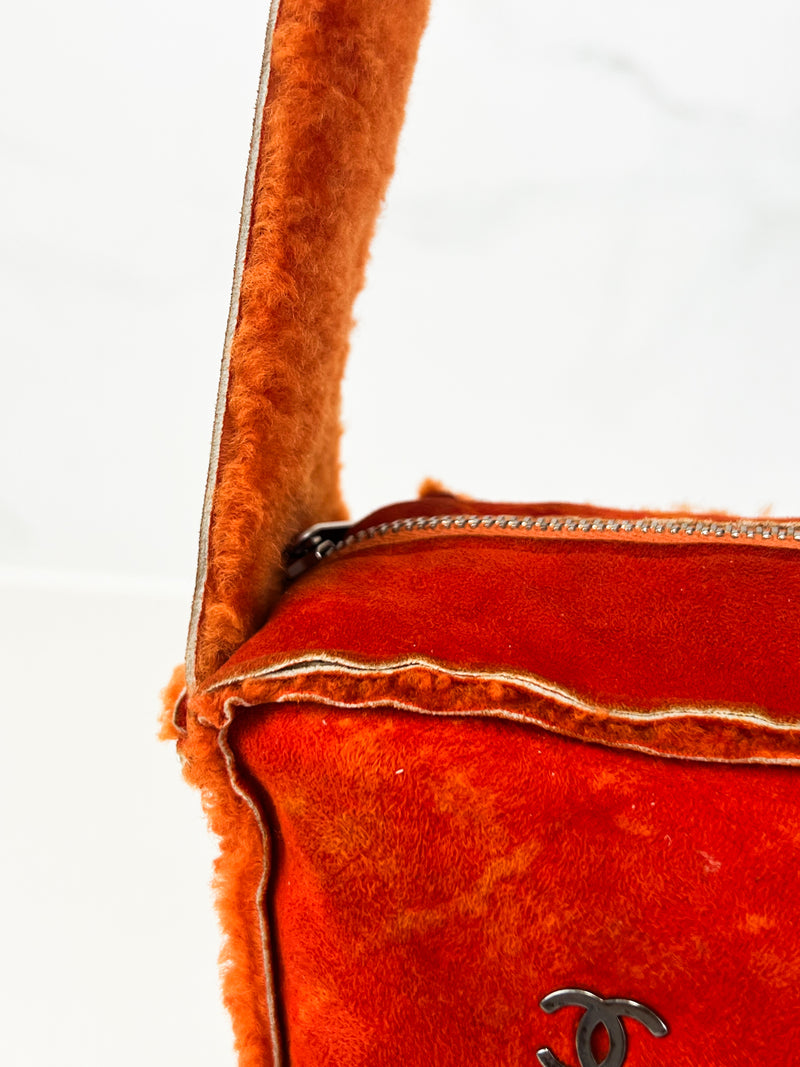 Chanel Vintage Orange Sheepskin Suede Logos Shoulder Bag