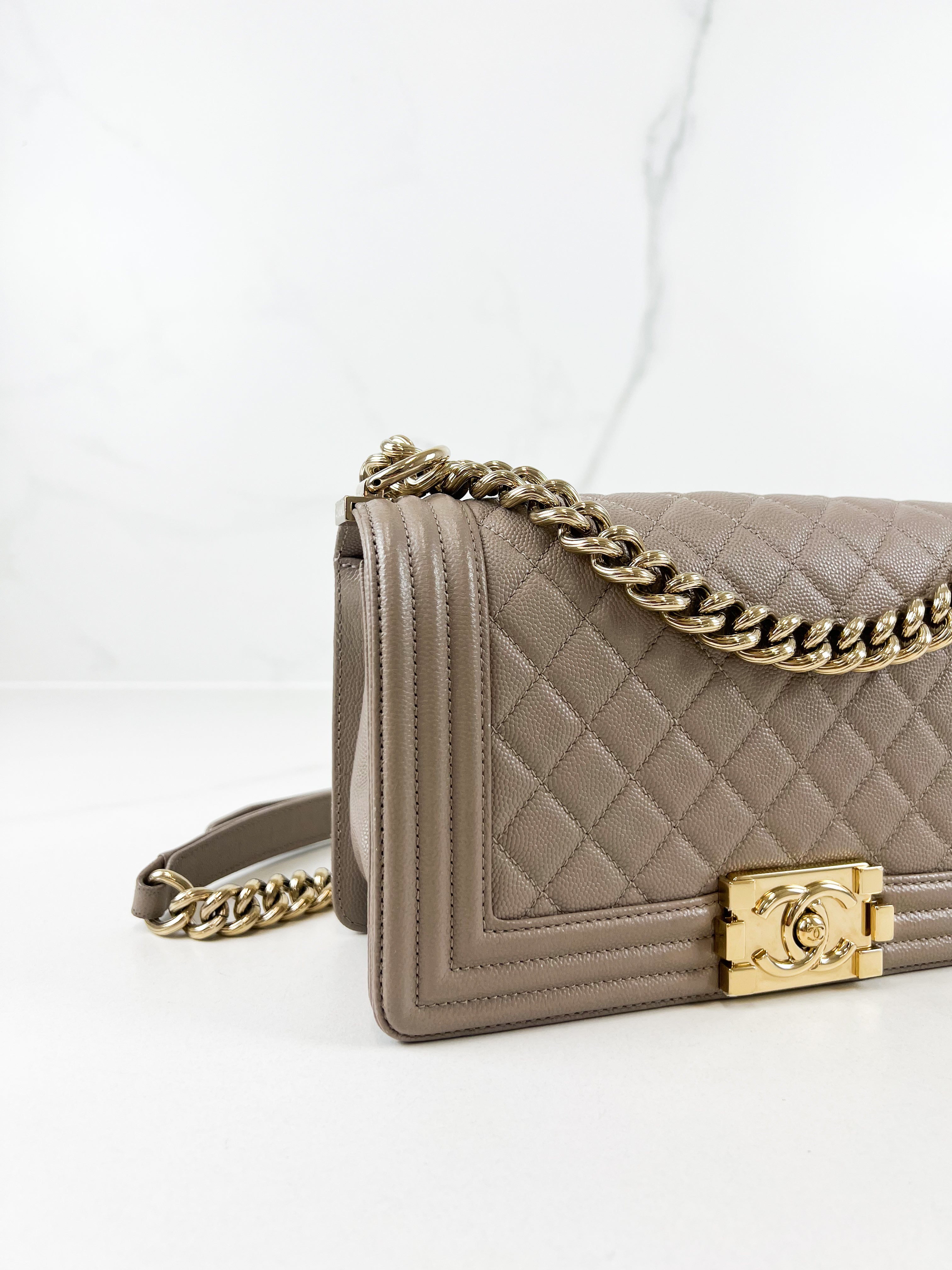 Chanel Beige Old Medium Quilted Caviar Leather Boy Bag GHW