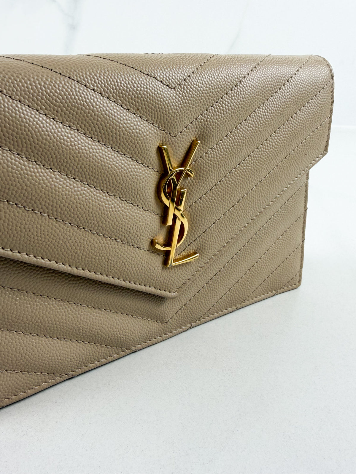 Saint Laurent Dark Beige Cassandre Envelope WOC in Grain De Poudre Leather with GHW