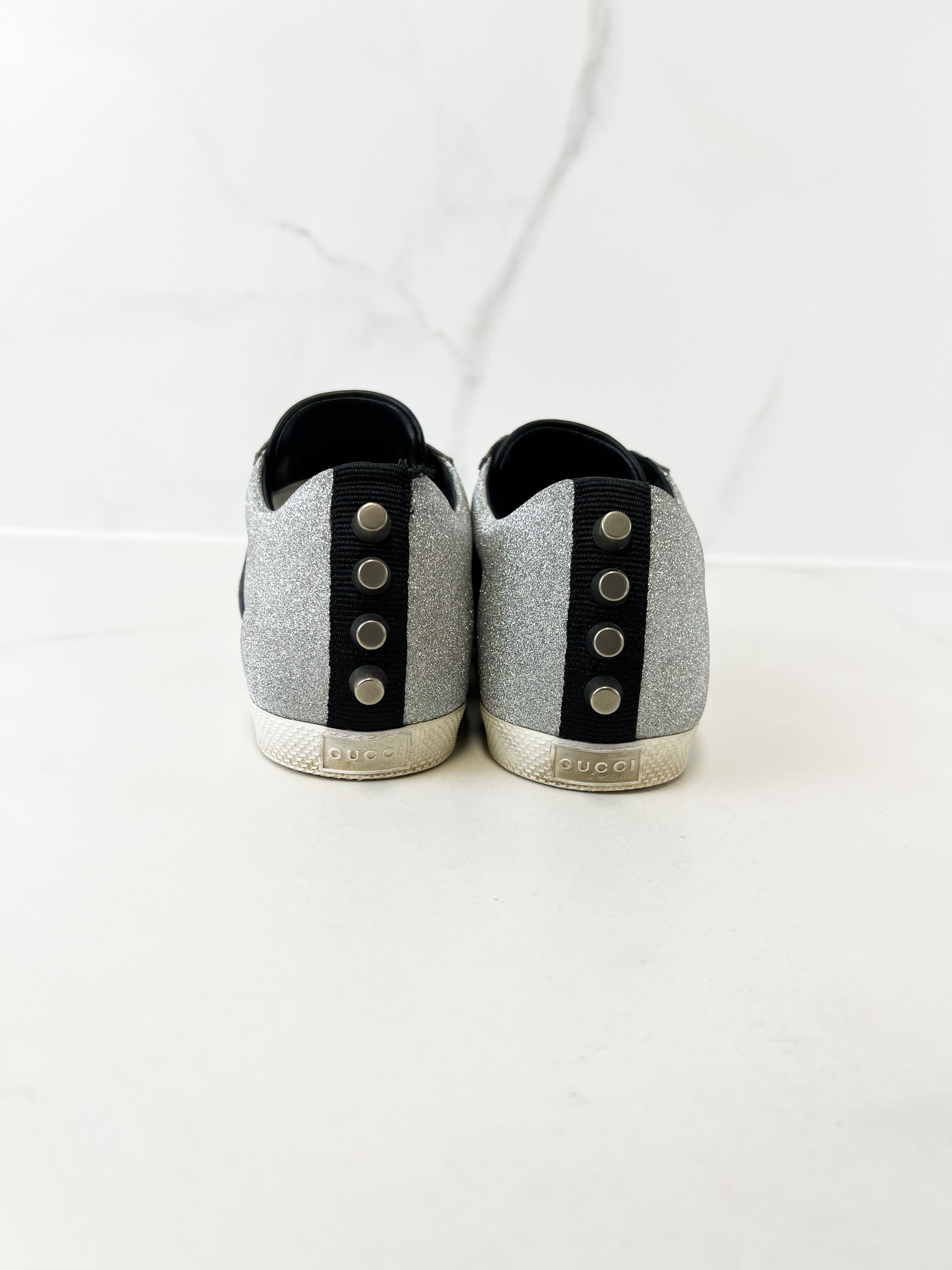 Gucci Bambi Silver Glitter GG Web Sneaker Size 37.5
