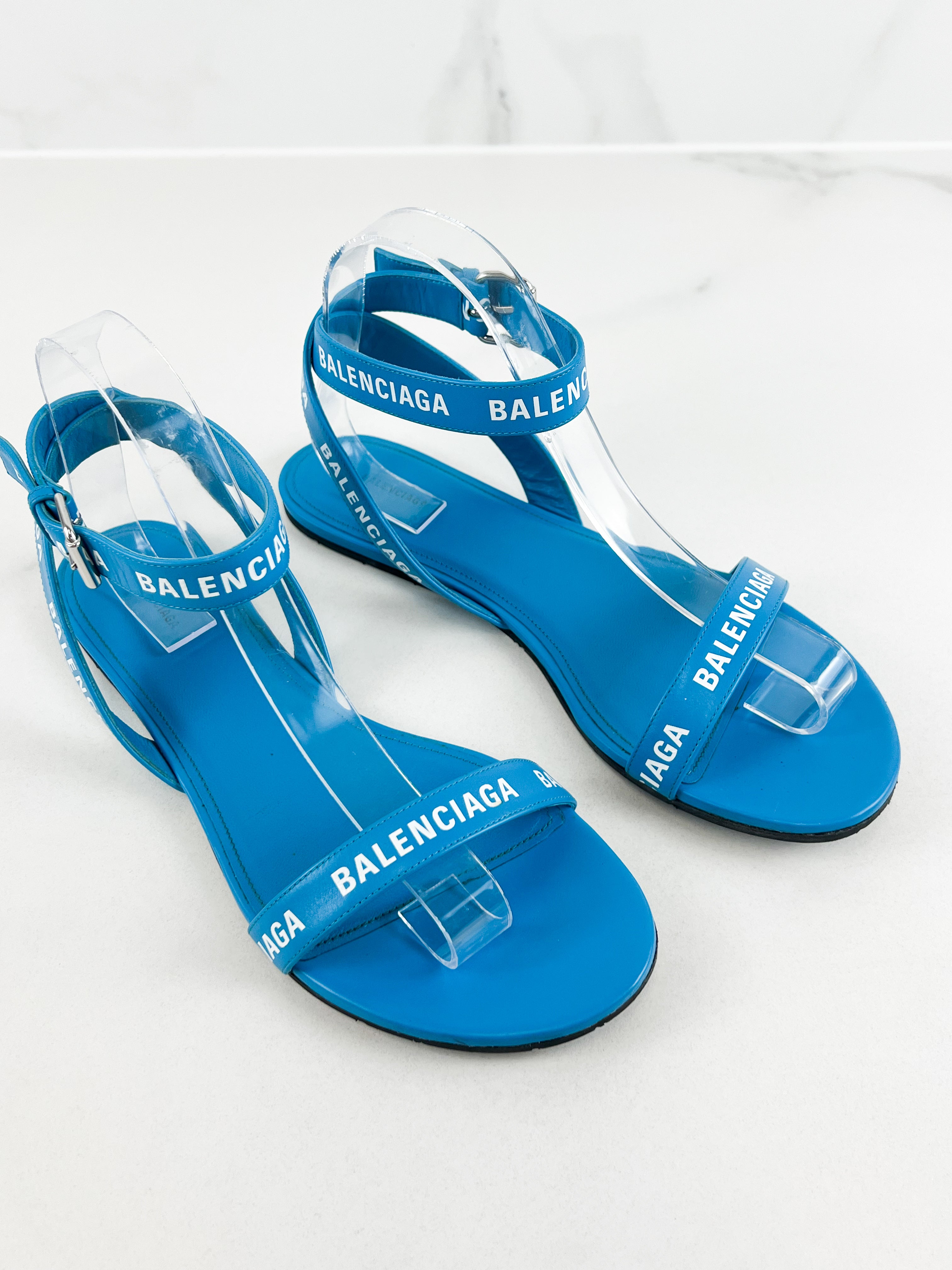 Balenciaga Blue Leather Flat Strap Slides Size 39