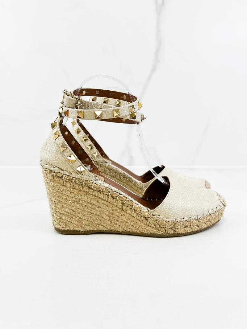 Valentino Garavani Rockstud Leather Wedge Espadrilles Size 38