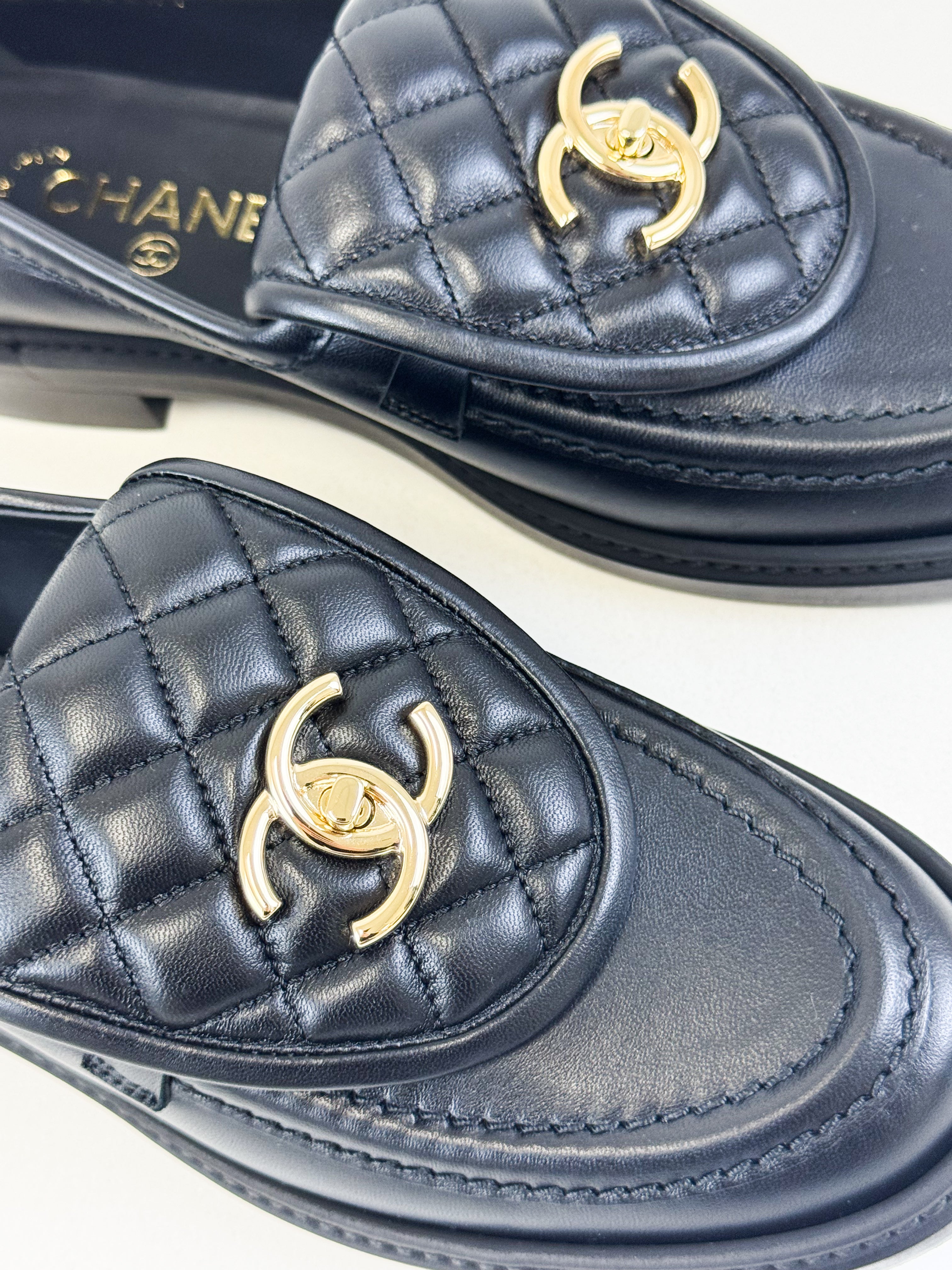 Chanel Black Quilted Turn Lock Loafer Size 37.5
