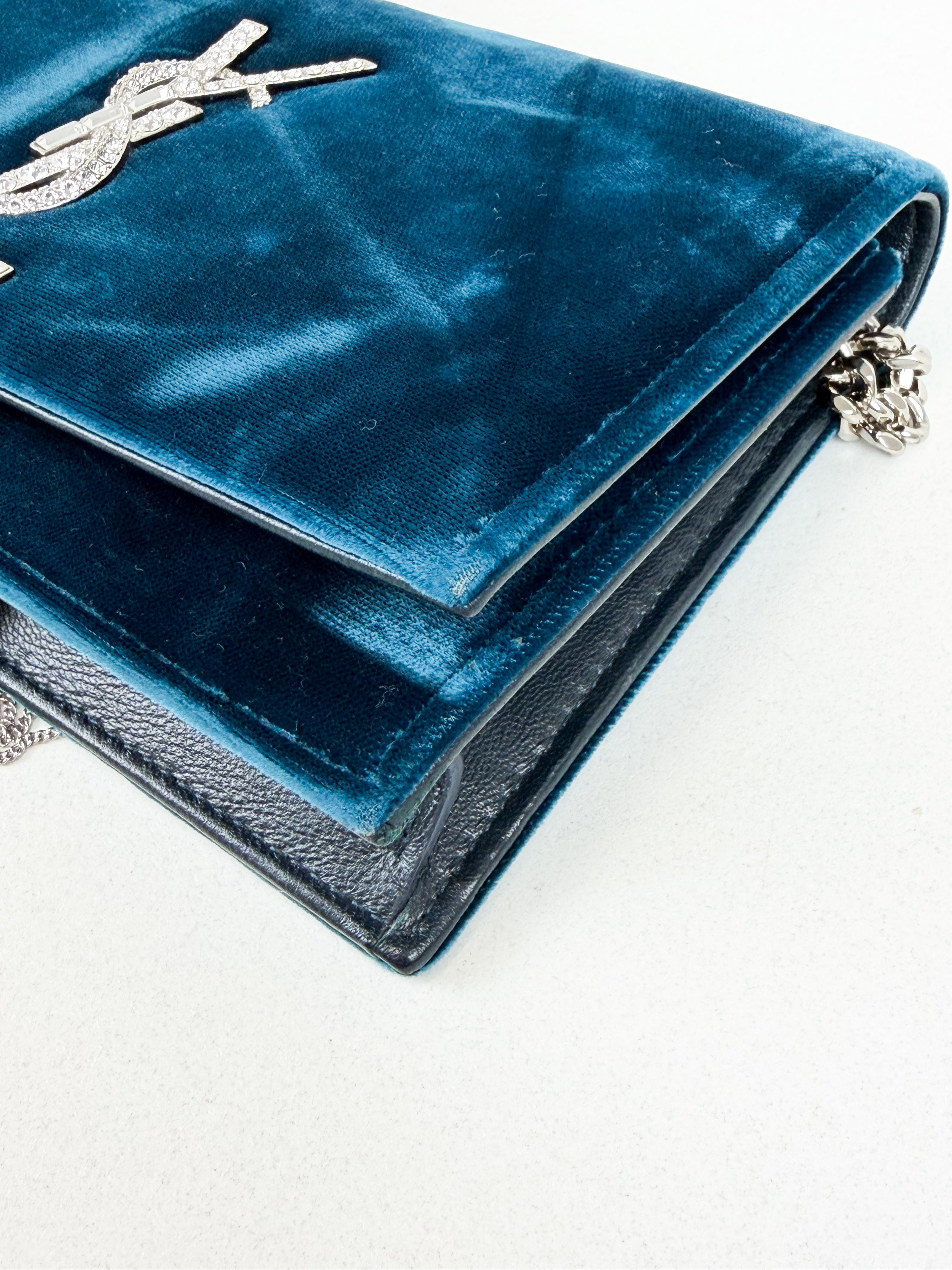Saint Laurent Velvet Crystal Monogram Kate Tassel Chain Wallet in Blue