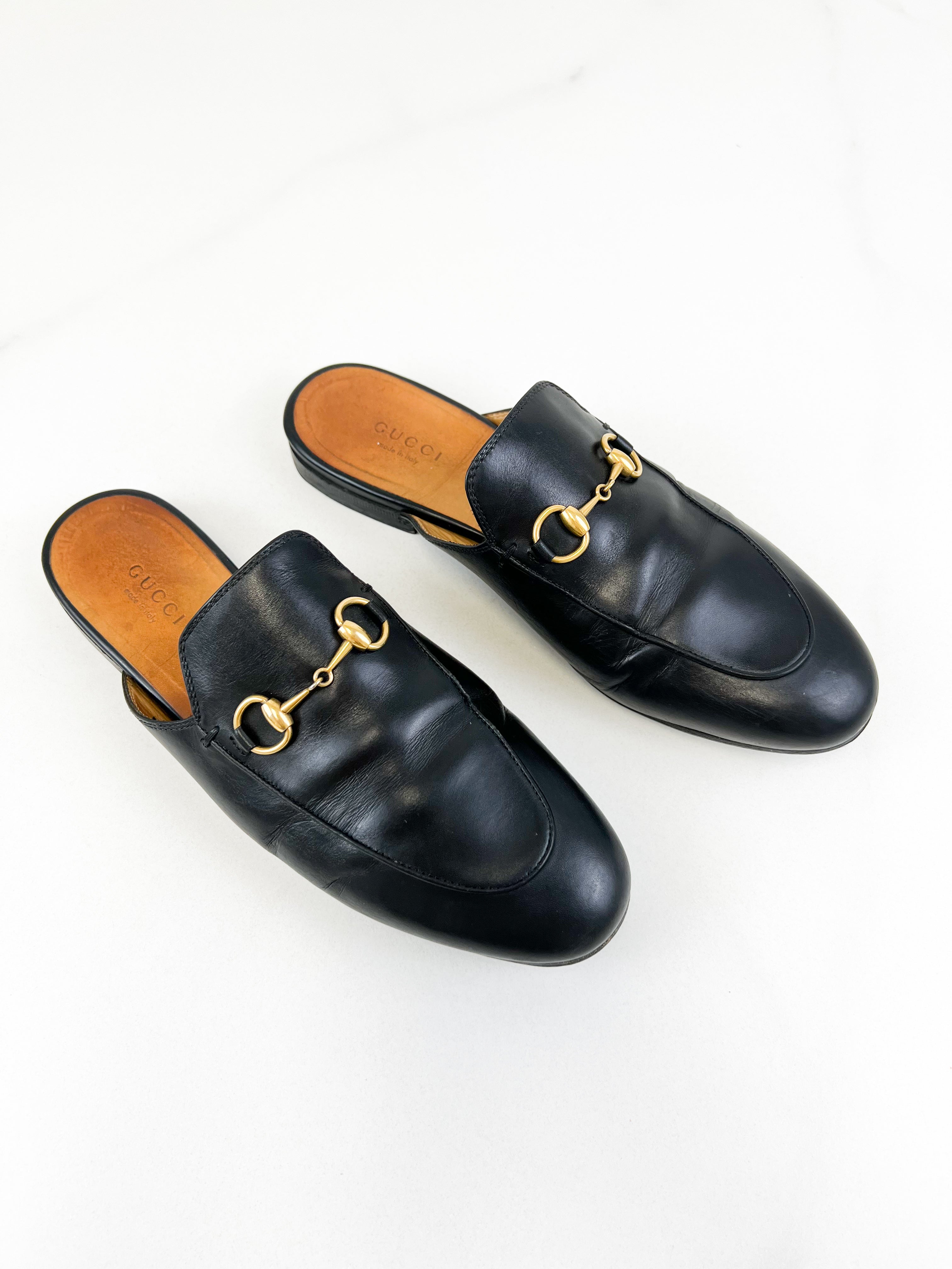 Gucci Black Leather Princetown Horsebit Slipper Size 37.5