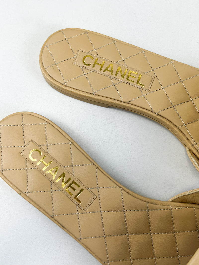 Chanel Beige Quilted Leather Slides Size 41