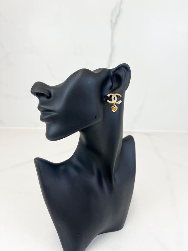 Chanel CC Crystal Stud Earrings with Heart Drop
