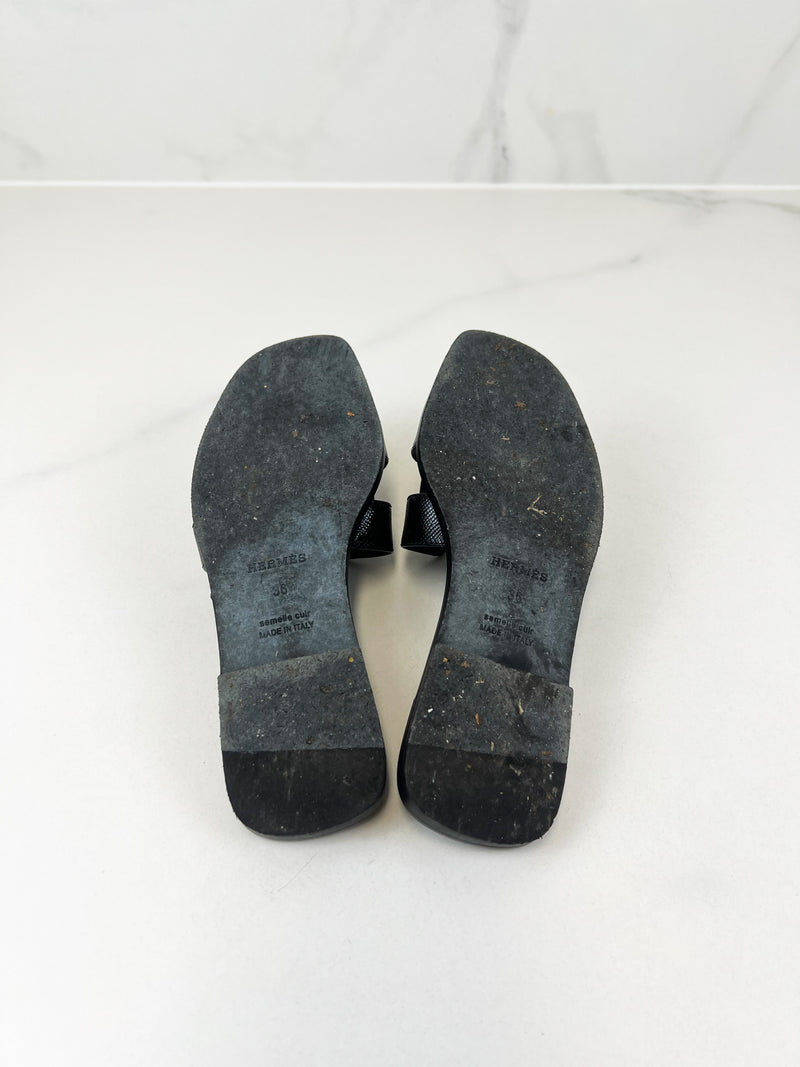 Hermes Oran Sandals in Noir Patent Size 36