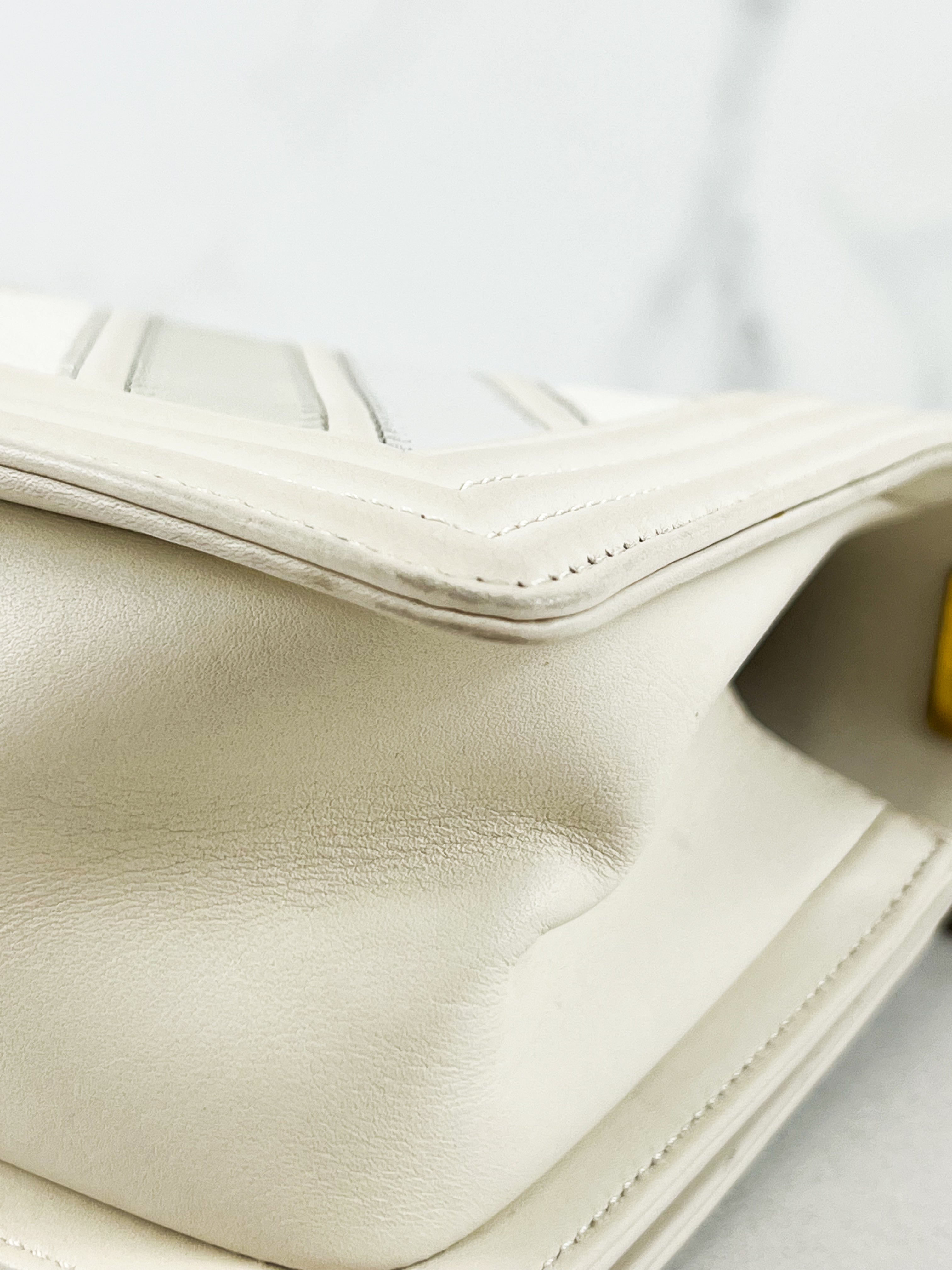 Chanel Old Medium Boy Bag in White Chevron Calfskin with Vintage GHW