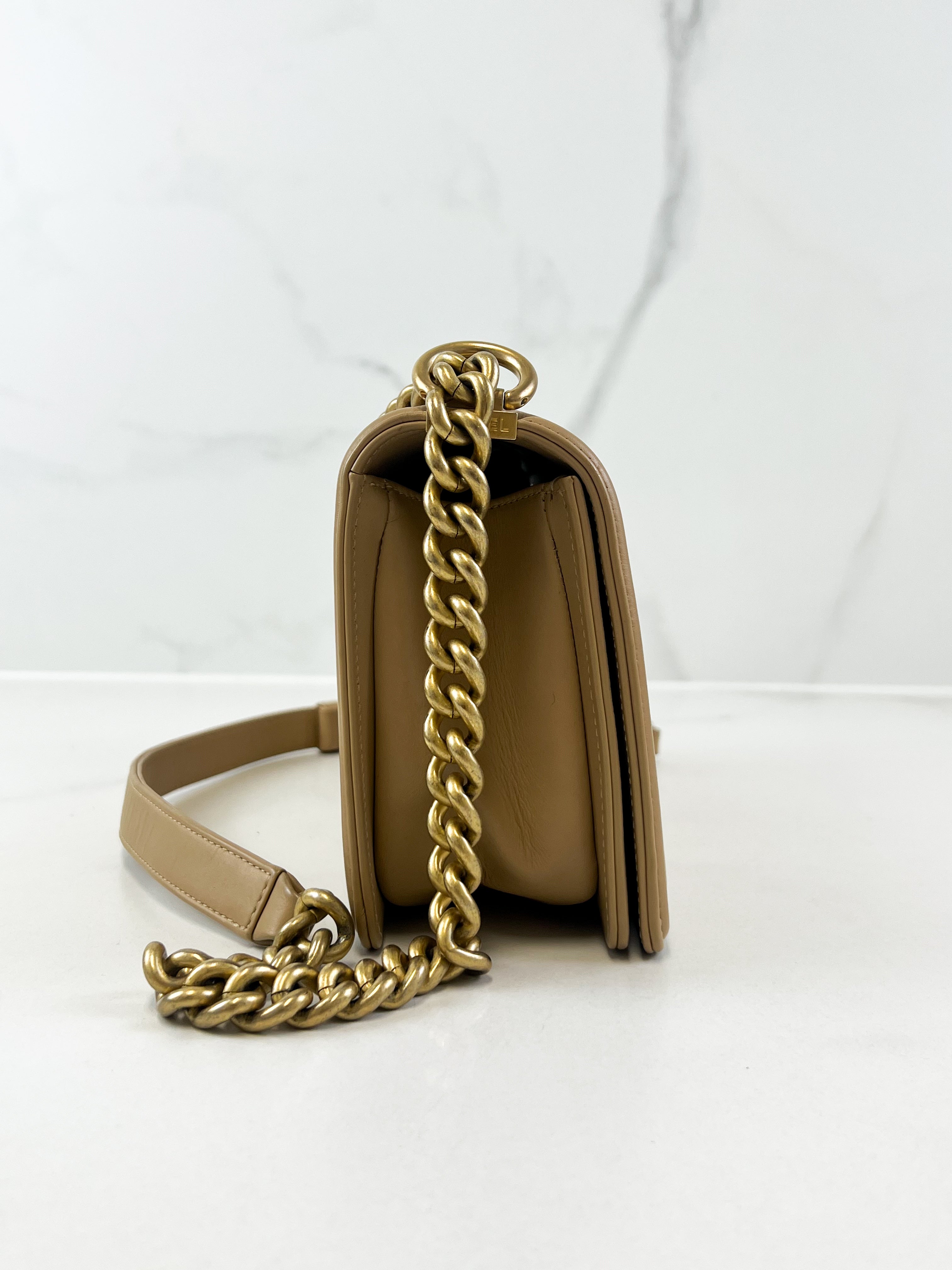 Chanel Beige Old Medium Chevron Calfskin Boy Bag with GHW