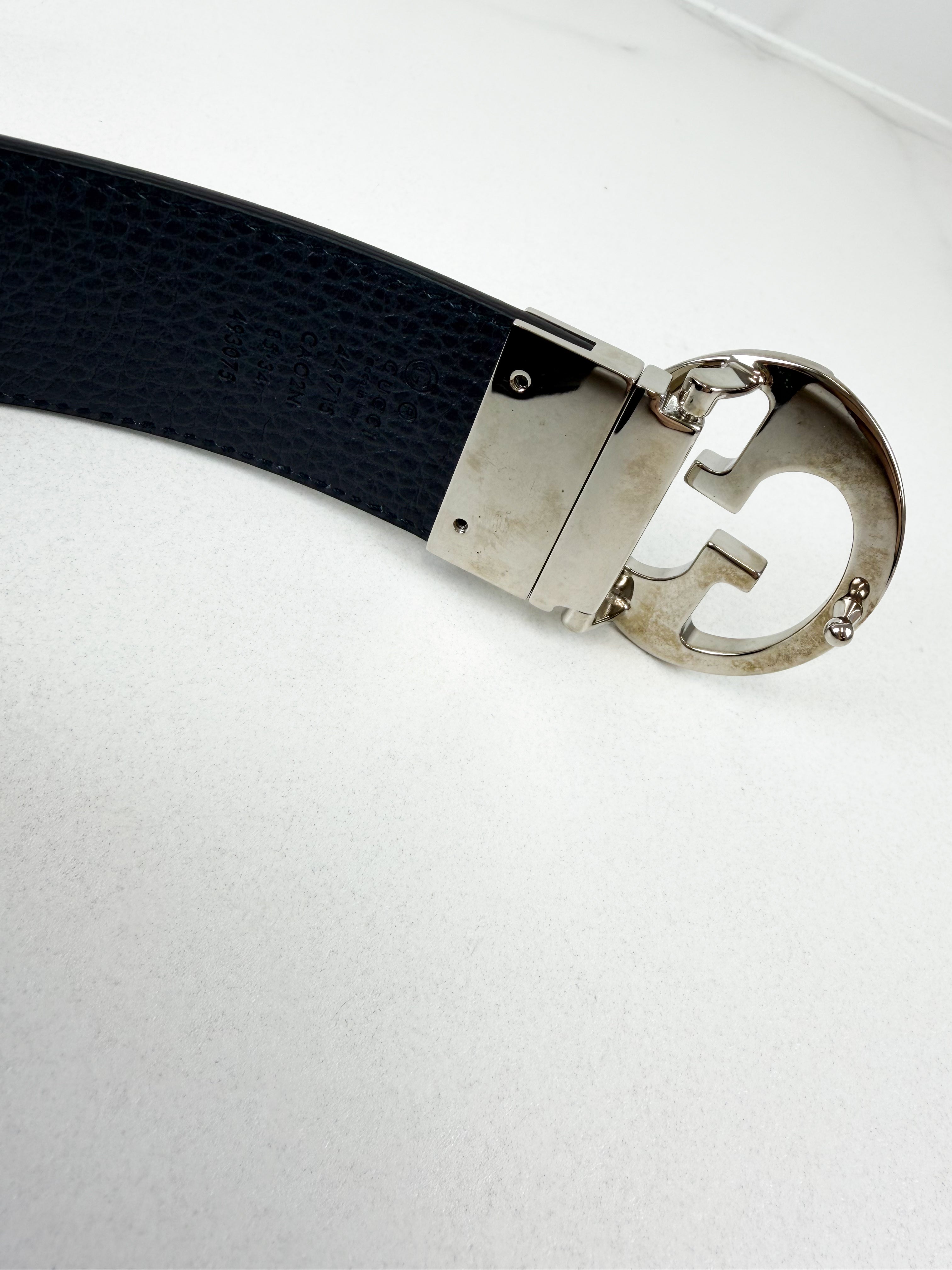 Gucci Interlocking G Leather Belt 85/32 Reversible Navy / Black