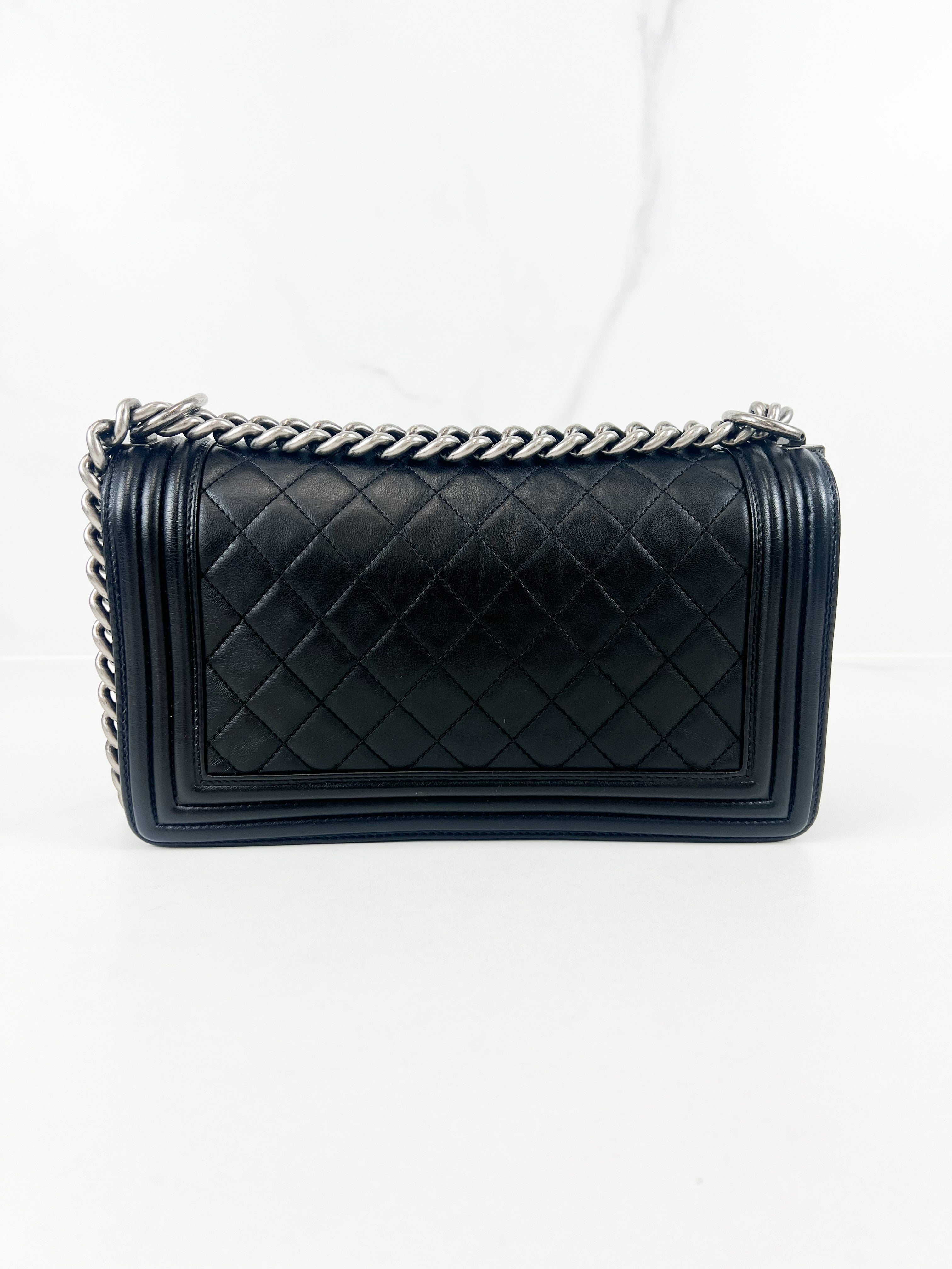 Chanel Old Medium Boy Bag in Black Quilted Lambskin with Ruthenium Hardware