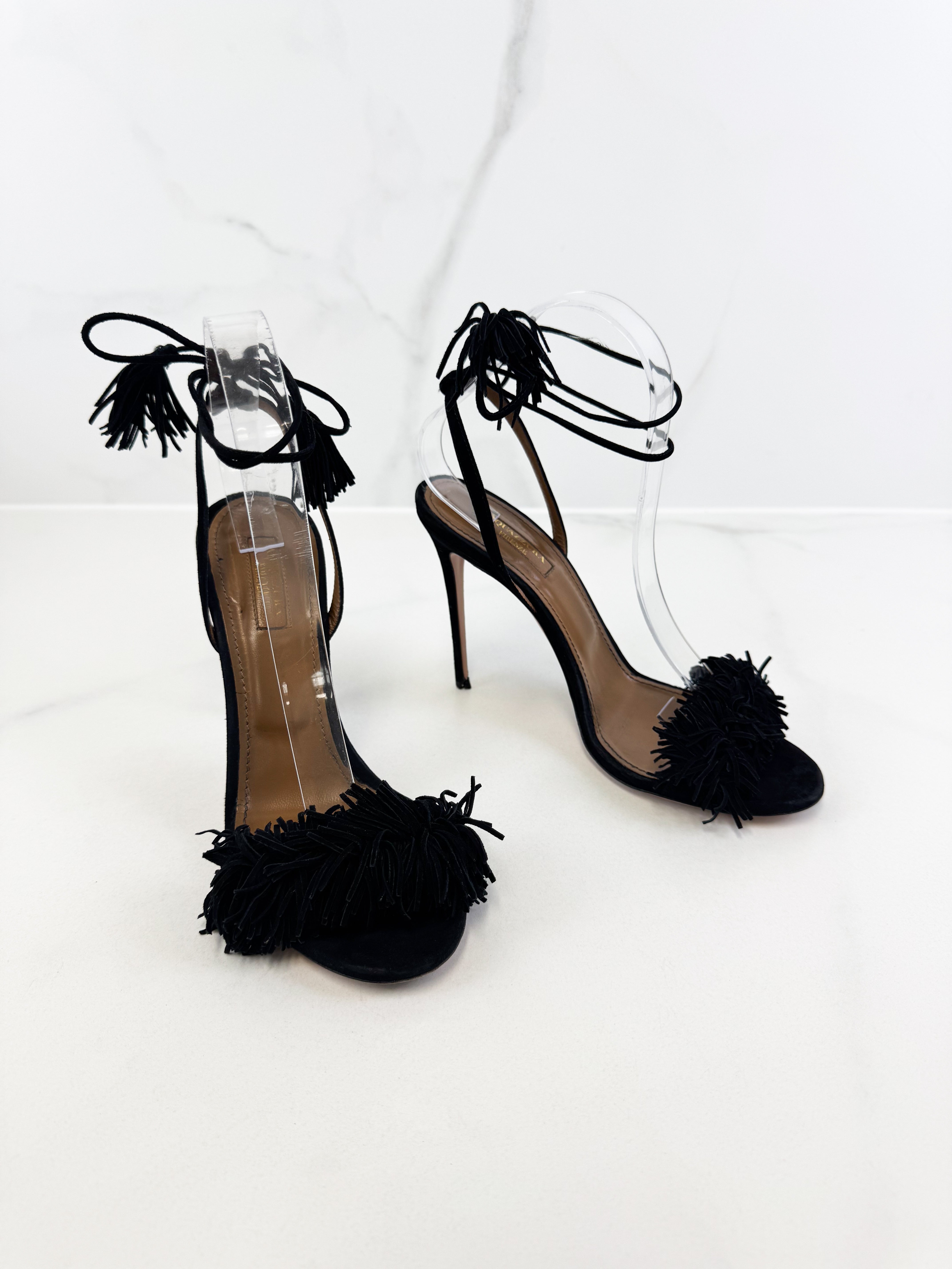 Aquazzura Black Suede Wild Thing Ankle Wrap Sandals Size 38.5