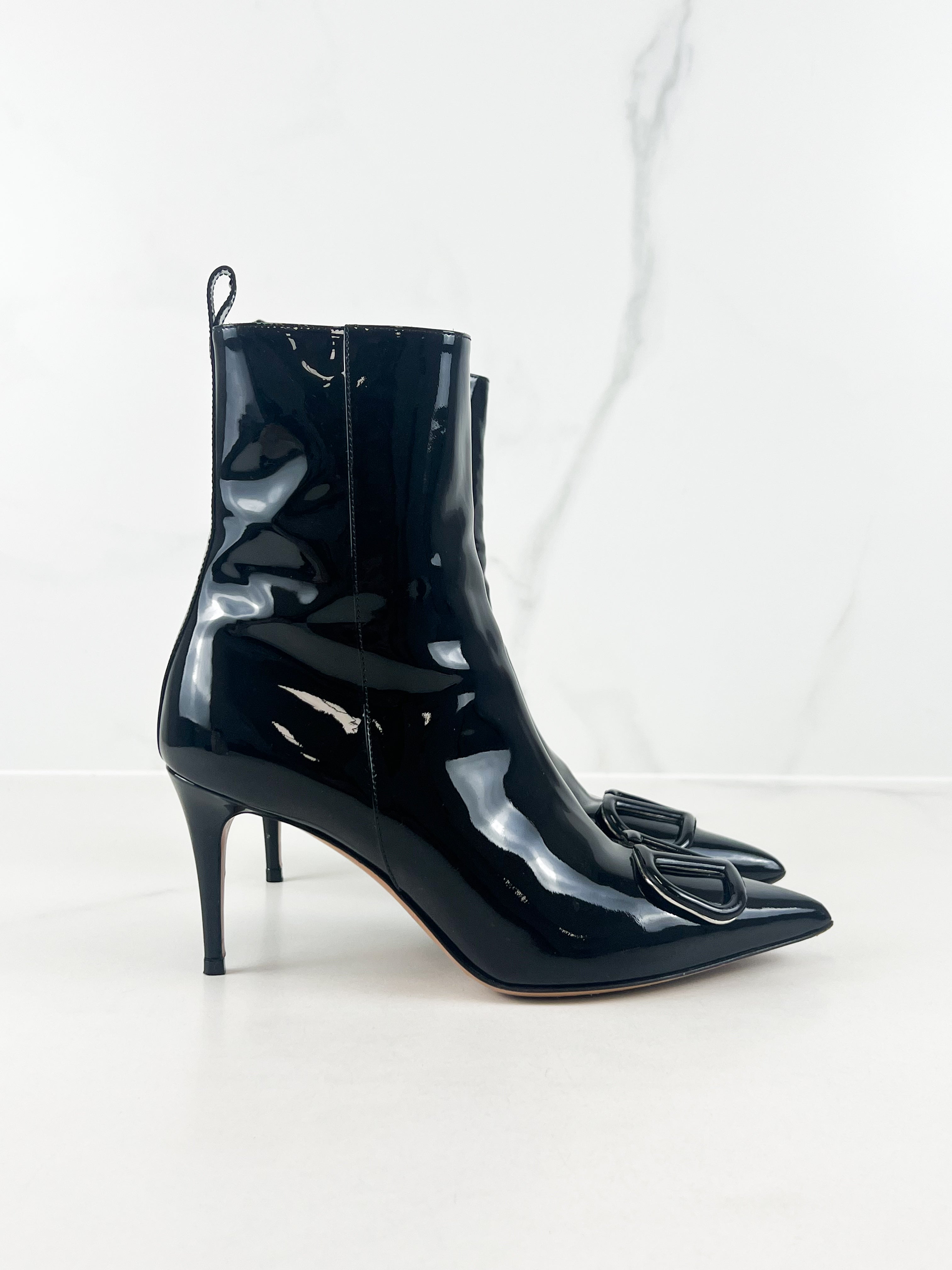 Valentino Black Patent Leather Logo Boots Size 37