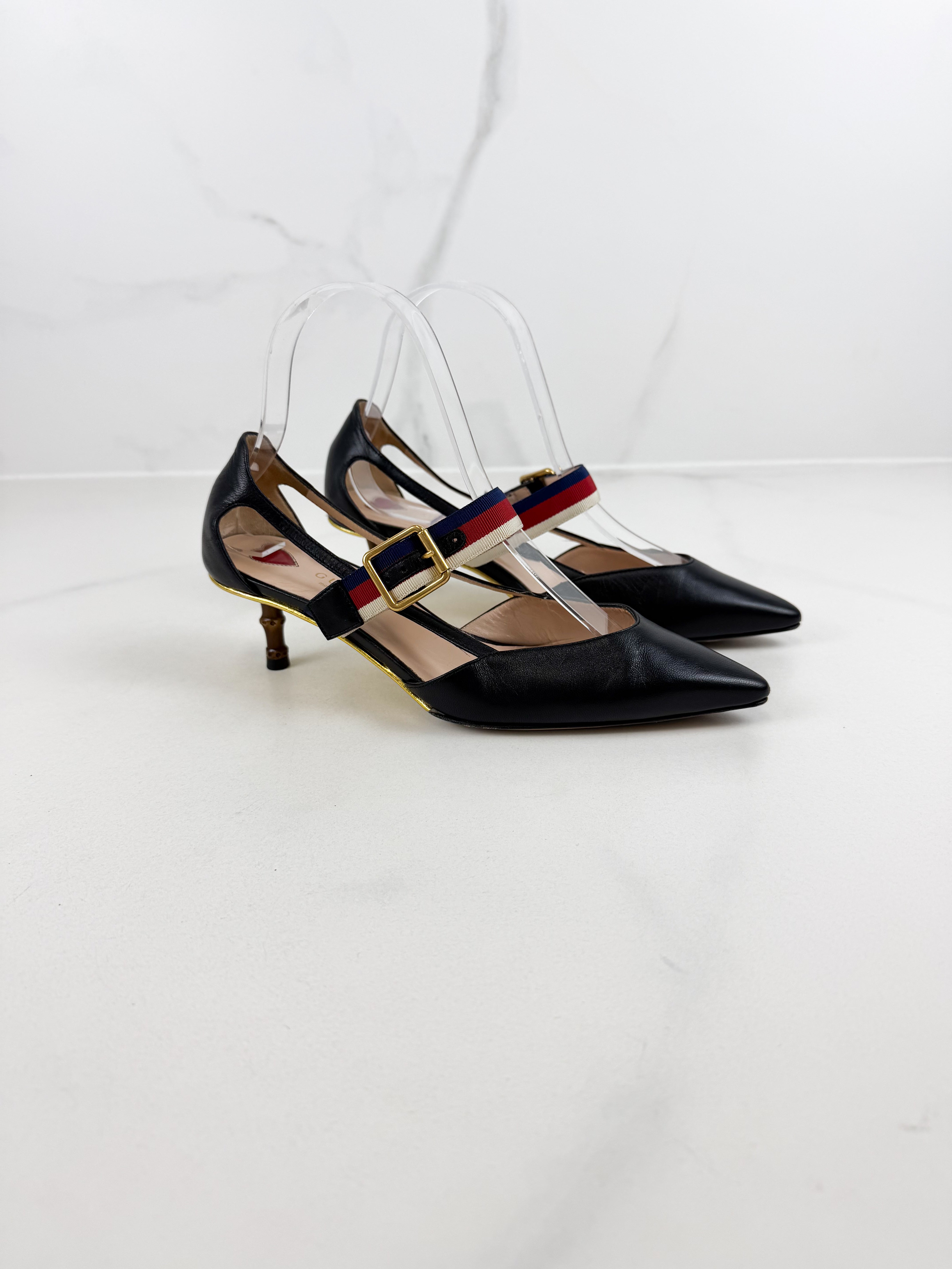 Gucci Unia Pump in Black with Bamboo Kitten Heel Size 35.5