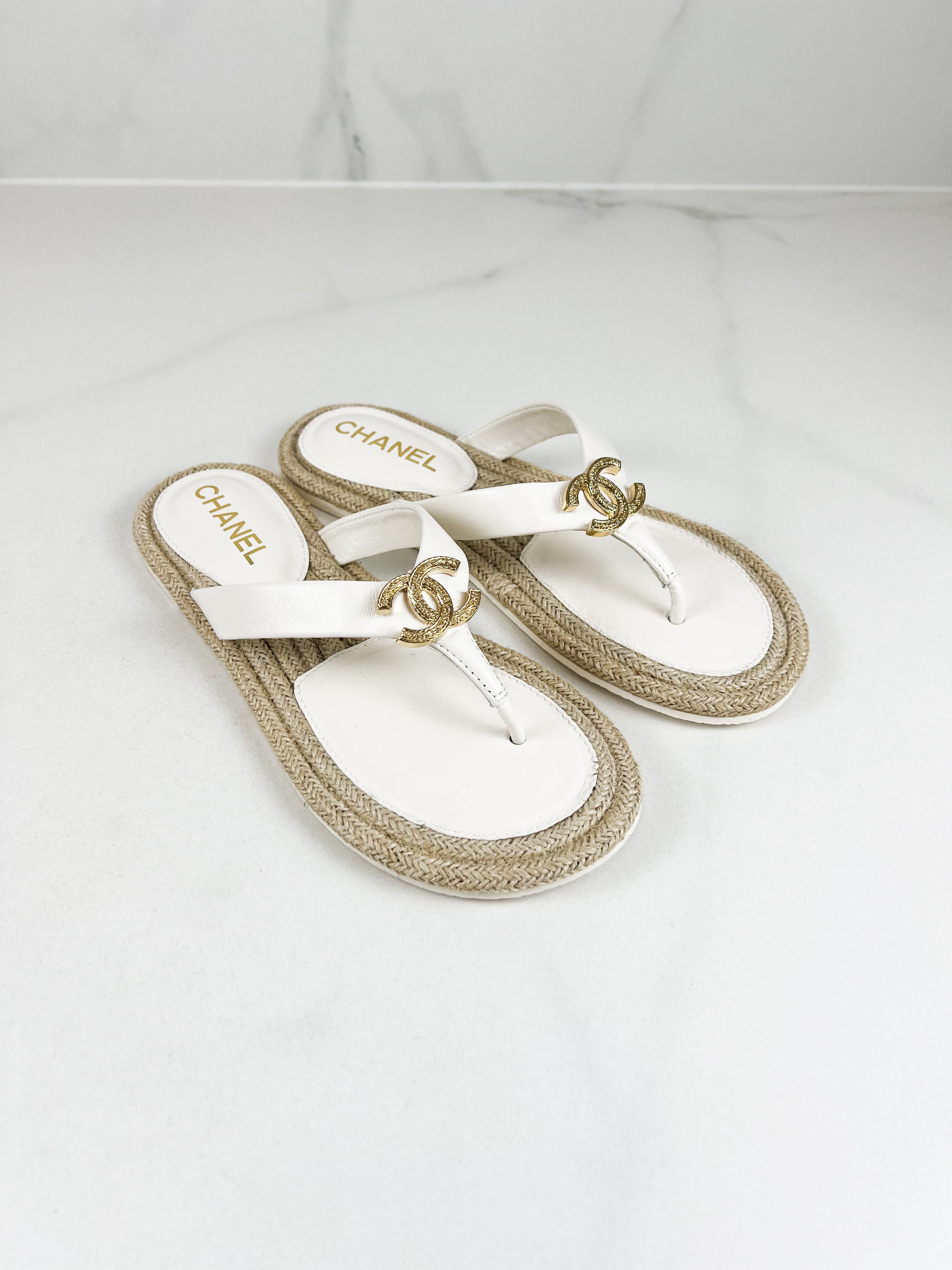 Chanel White Raffia Thong Sandal with CC Logo GHW Size 39