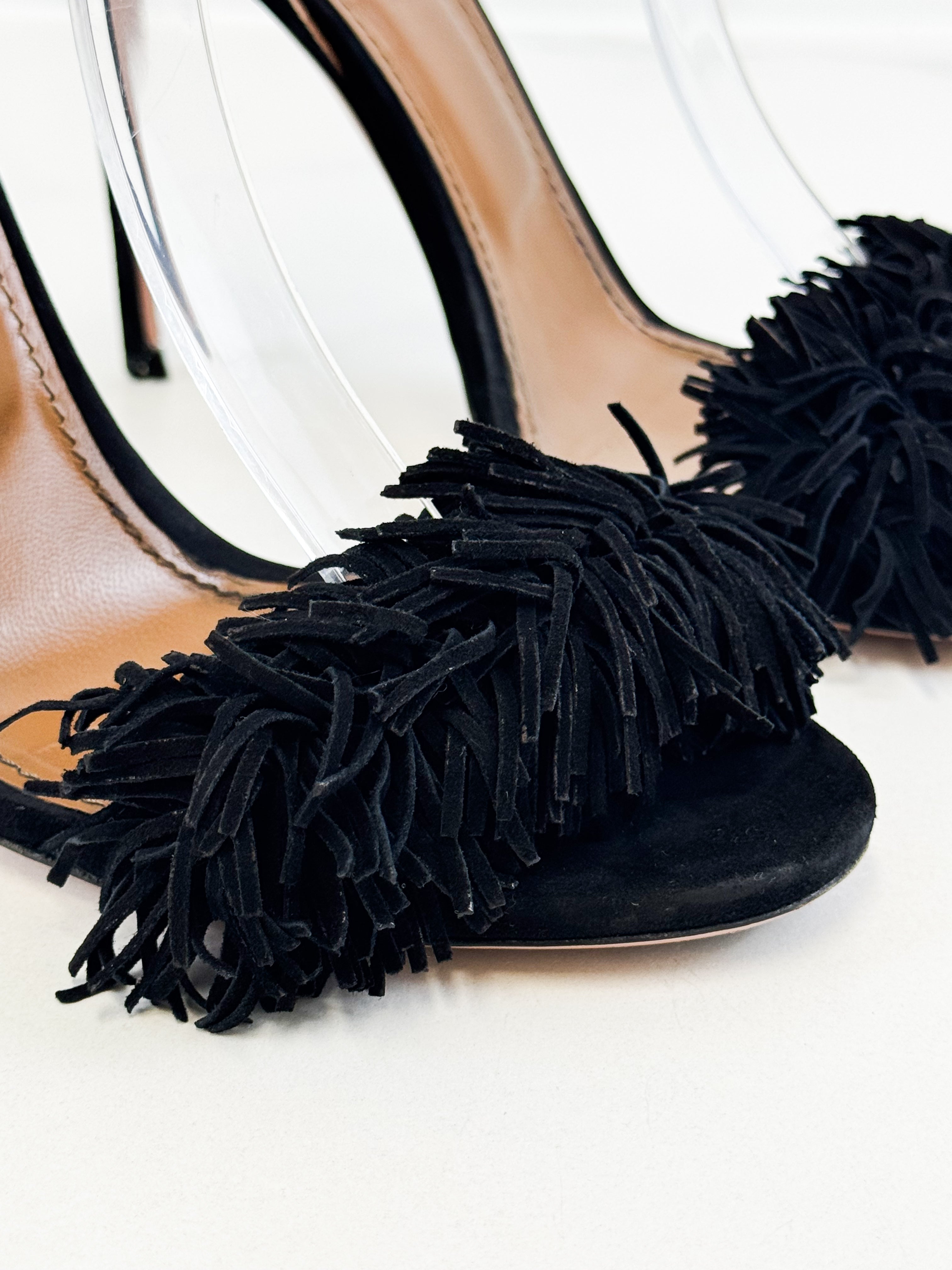 Aquazzura Black Suede Wild Thing Ankle Wrap Sandals Size 38.5