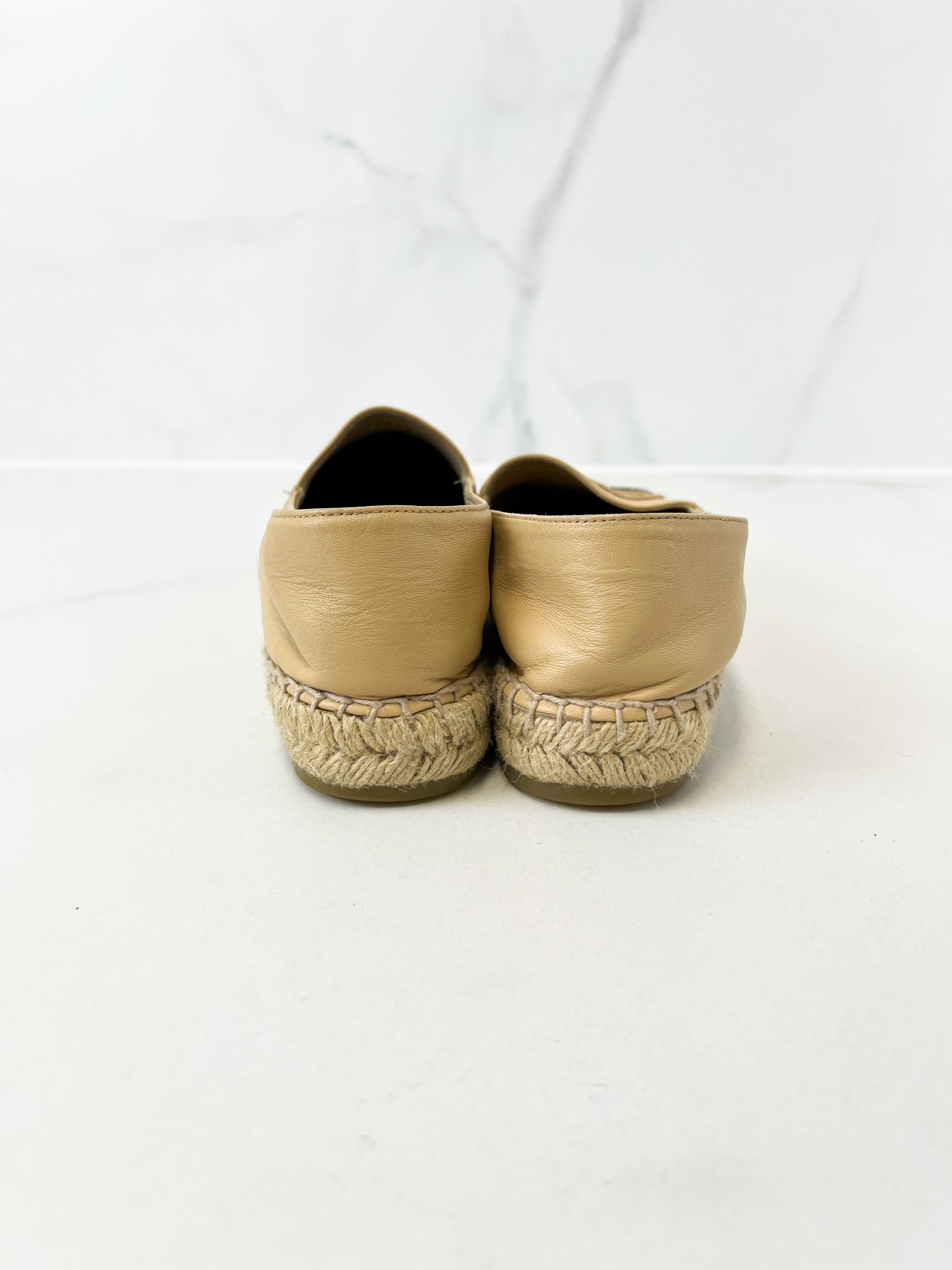Chanel CC Logo Black & Beige Leather Espadrilles Size 38