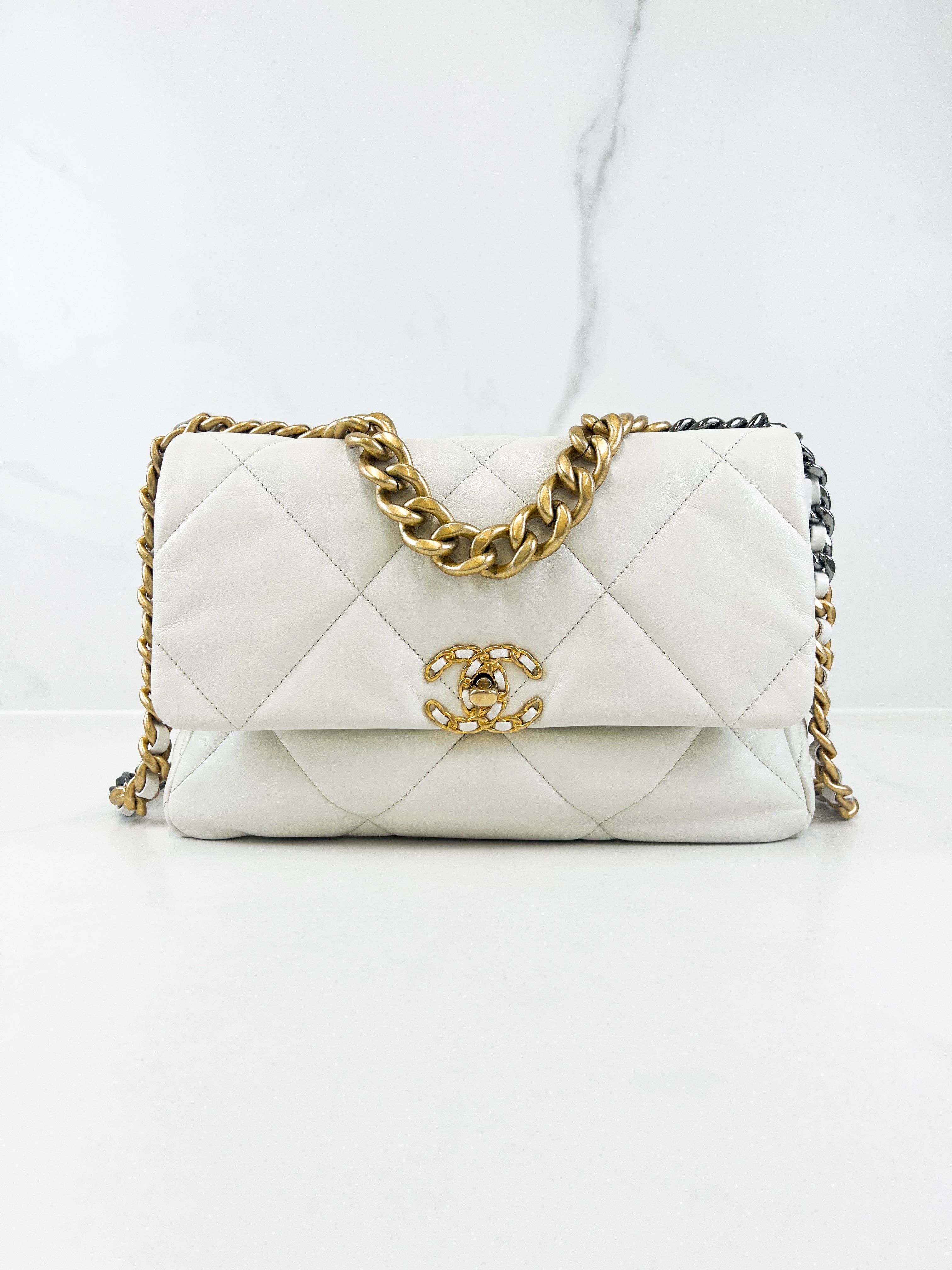 Chanel White Large Lambskin 19 with Gold & Silver Tone Hardware