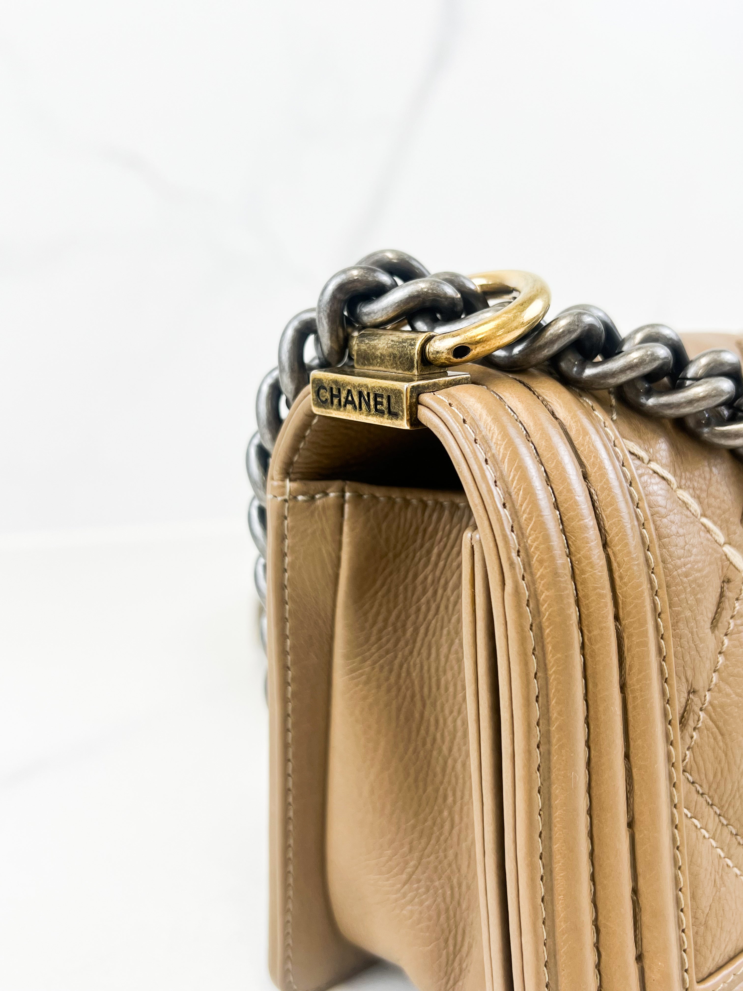 Chanel Small Beige Boy Bag Calfskin Ruthenium & Gold HW