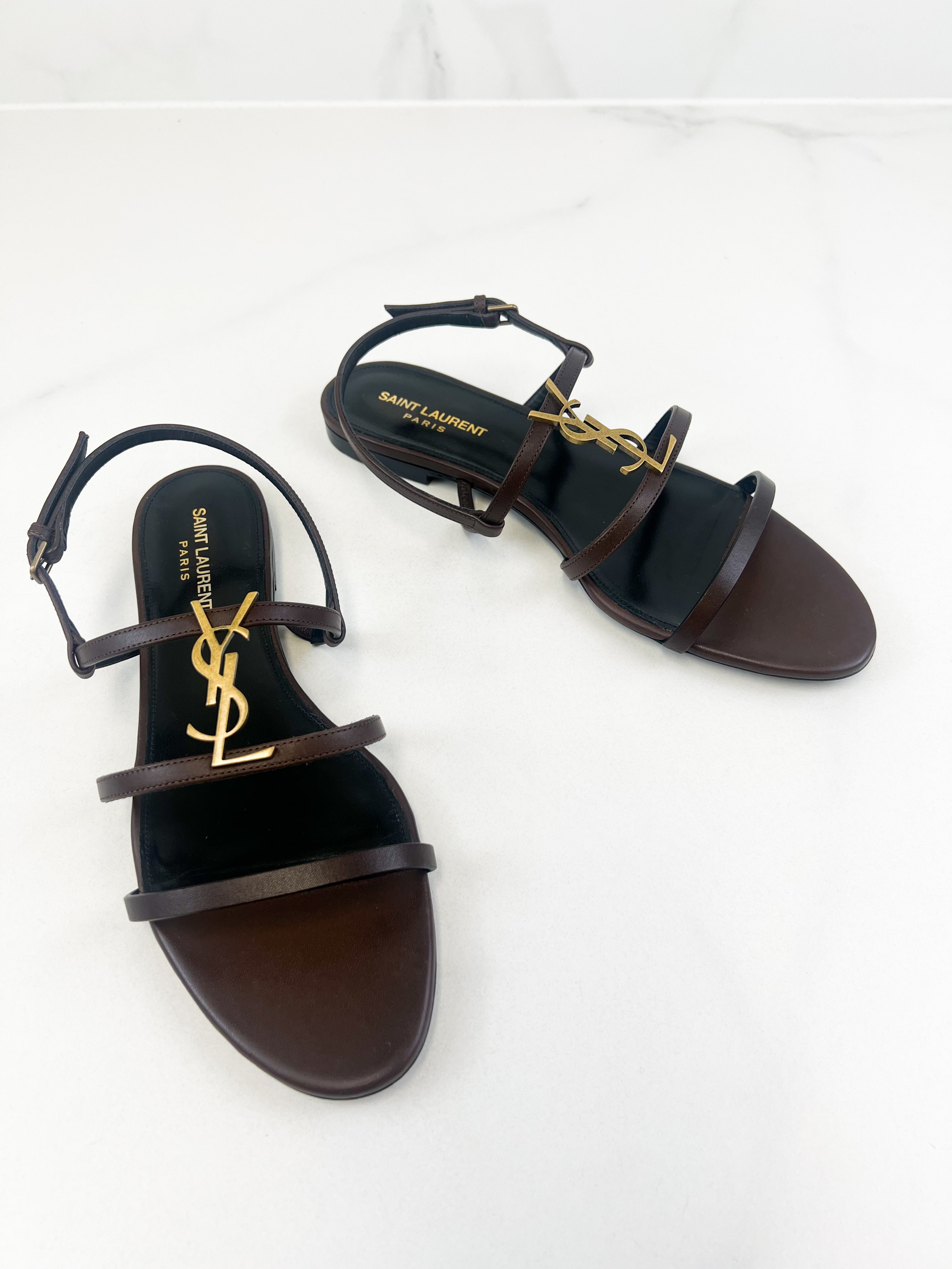 Saint Laurent Cassandra Flat Sandal in Chocolate Patent Leather Size 41