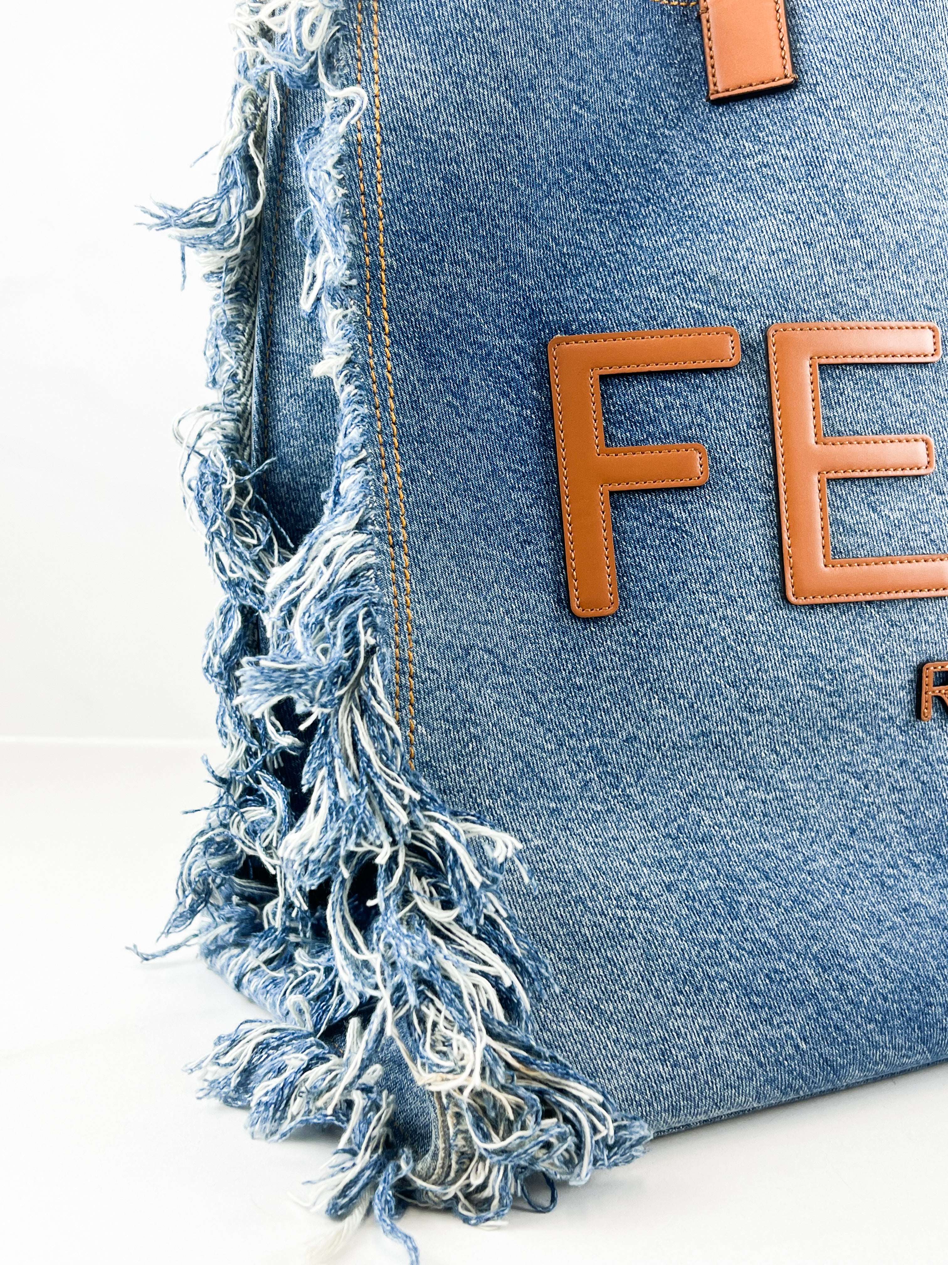 Fendi Blue Denim Fringe Medium Sunshine Tote Bag