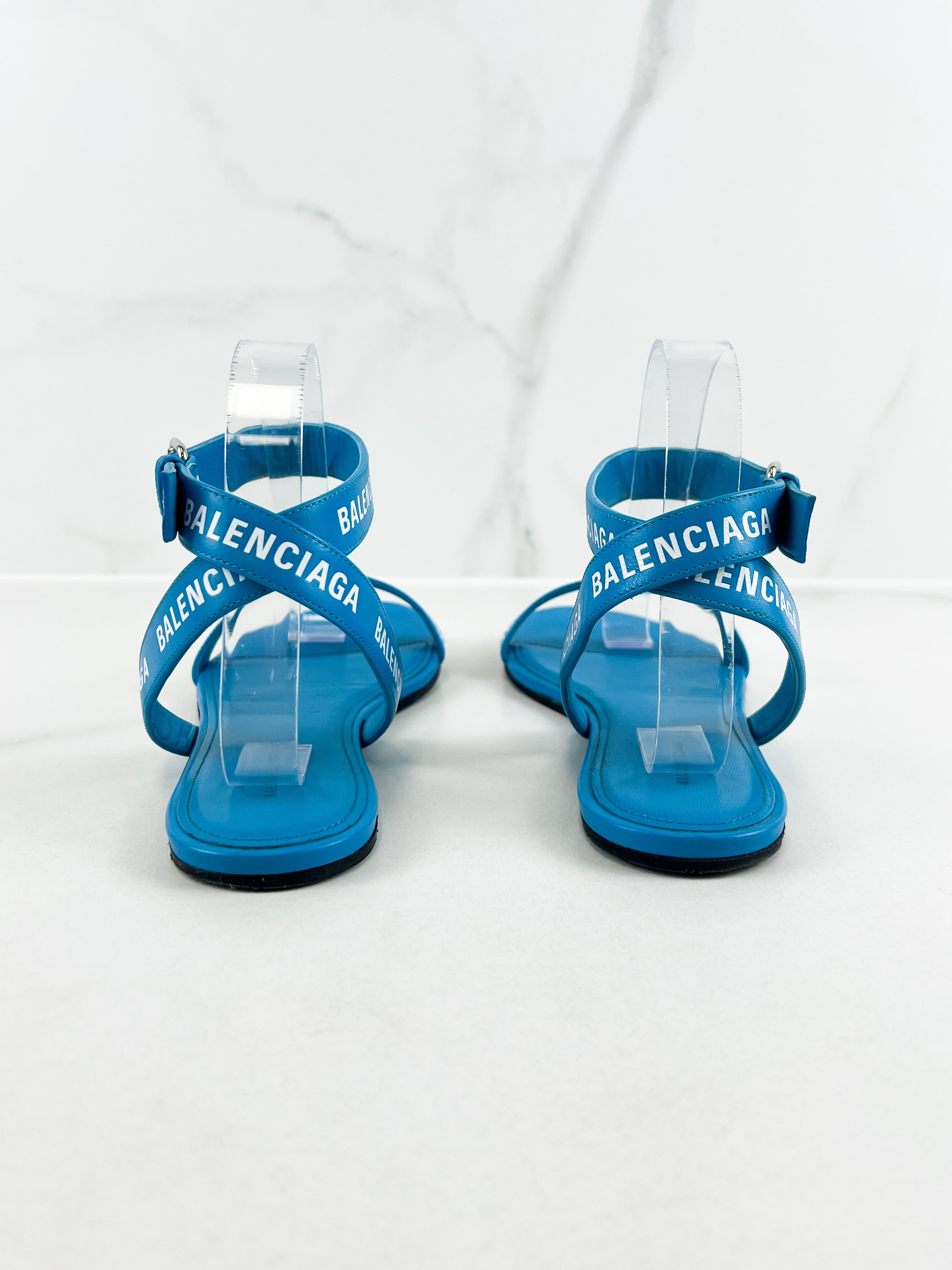 Balenciaga Blue Leather Flat Strap Slides Size 39