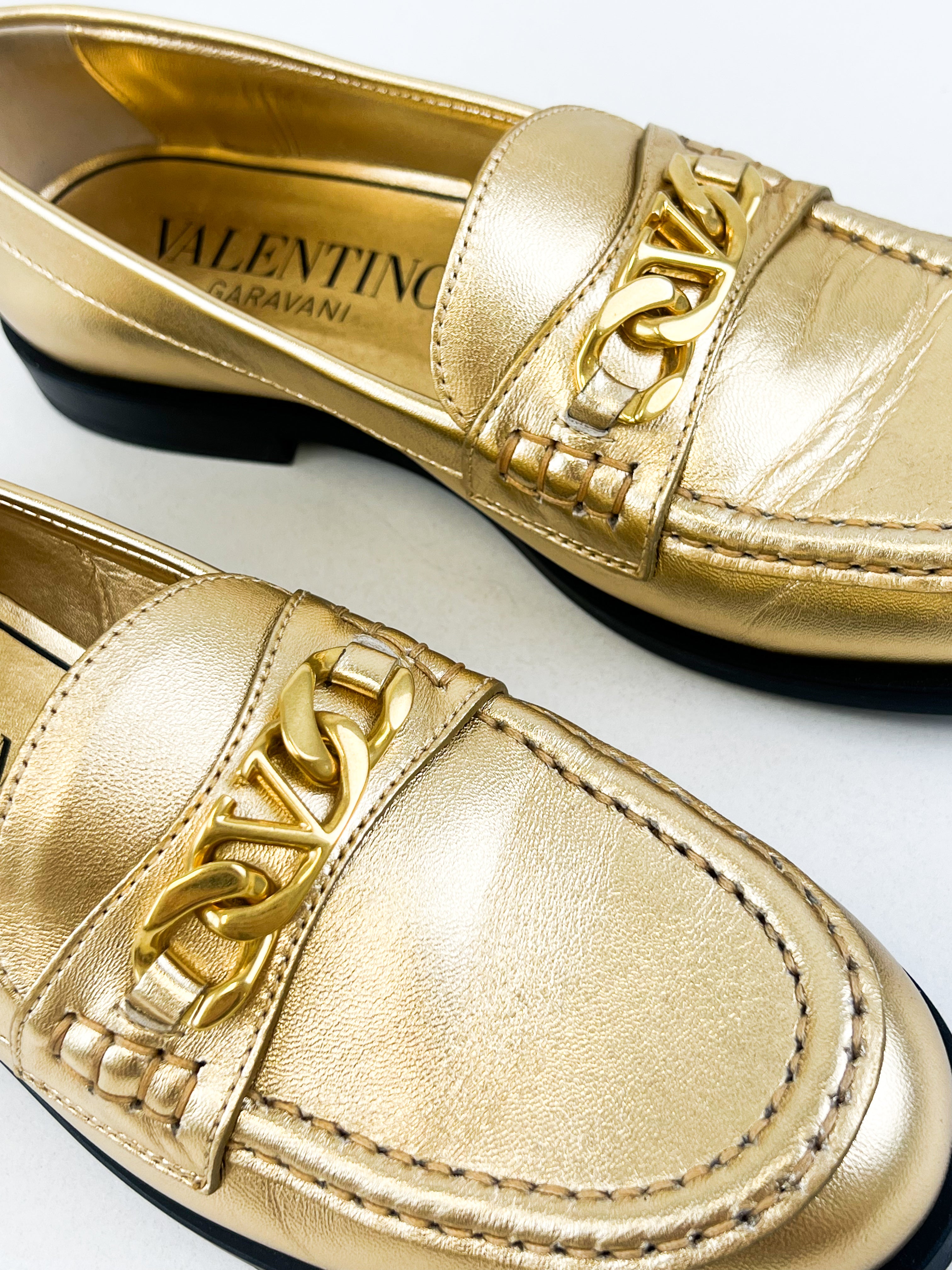 Valentino Logo Loafer in Metallic Gold with GHW Size 38