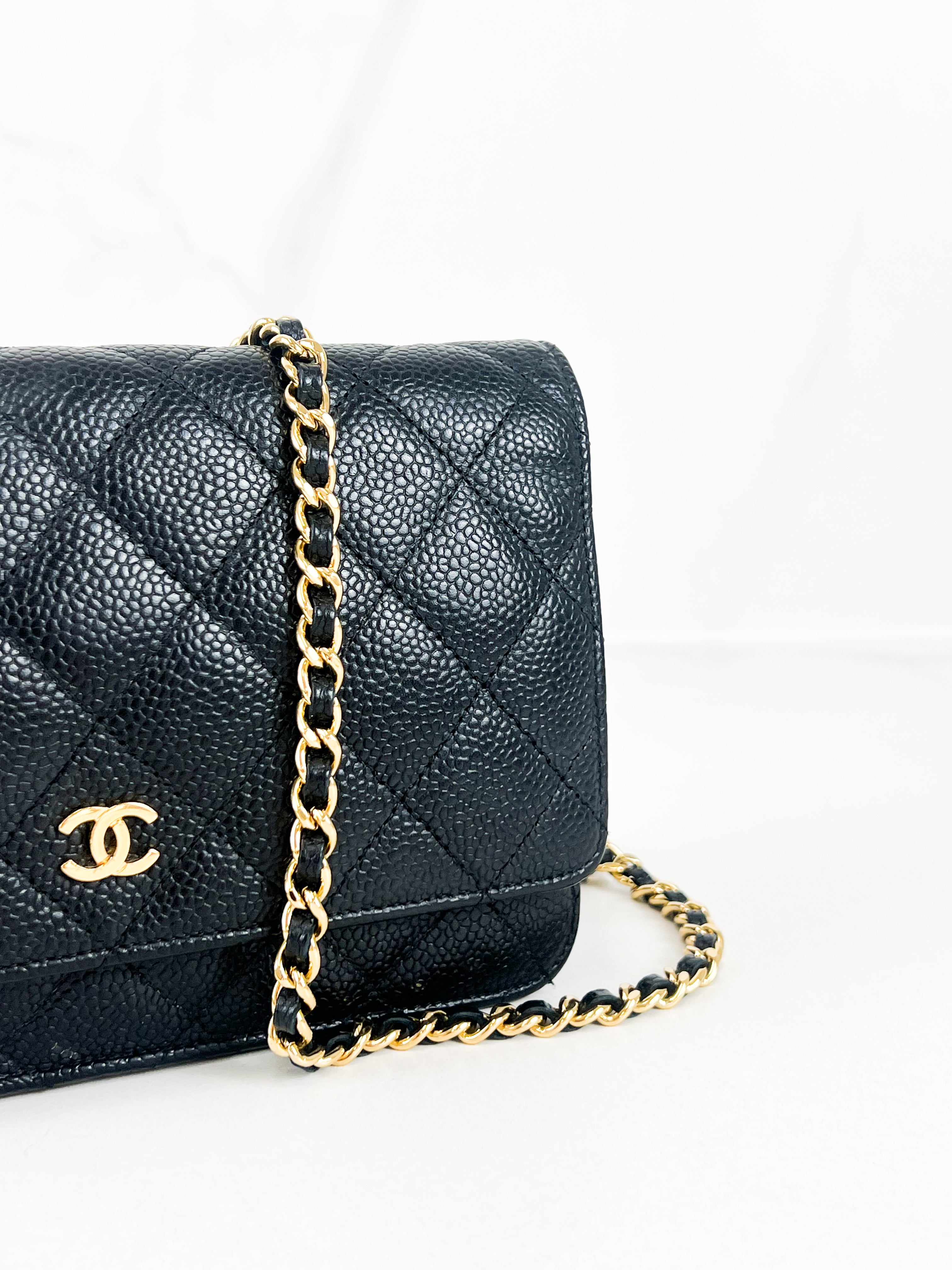 Chanel Black Caviar CC Classic Wallet On Chain GHW