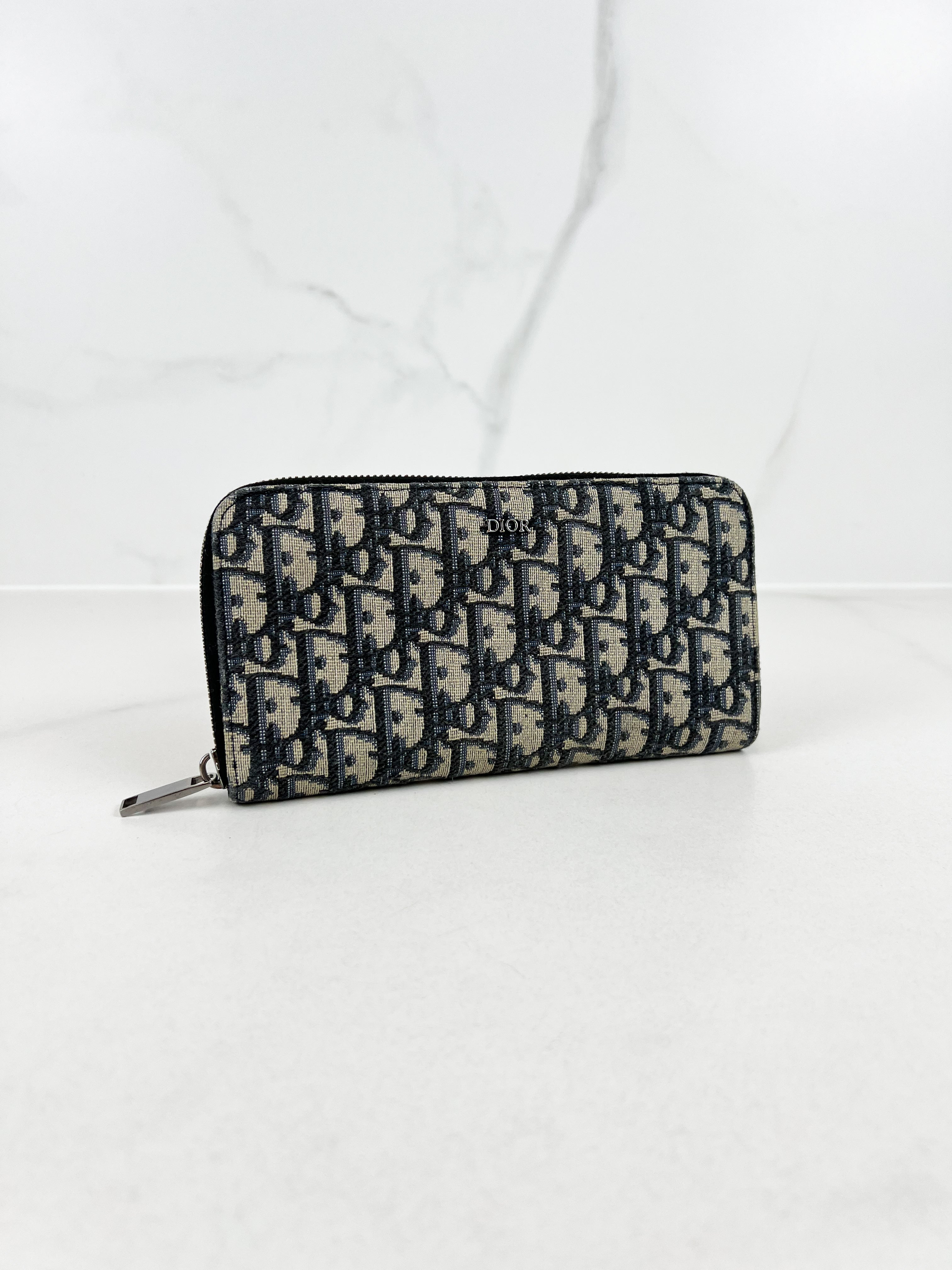 Christian Dior Navy Oblique Zipper Wallet