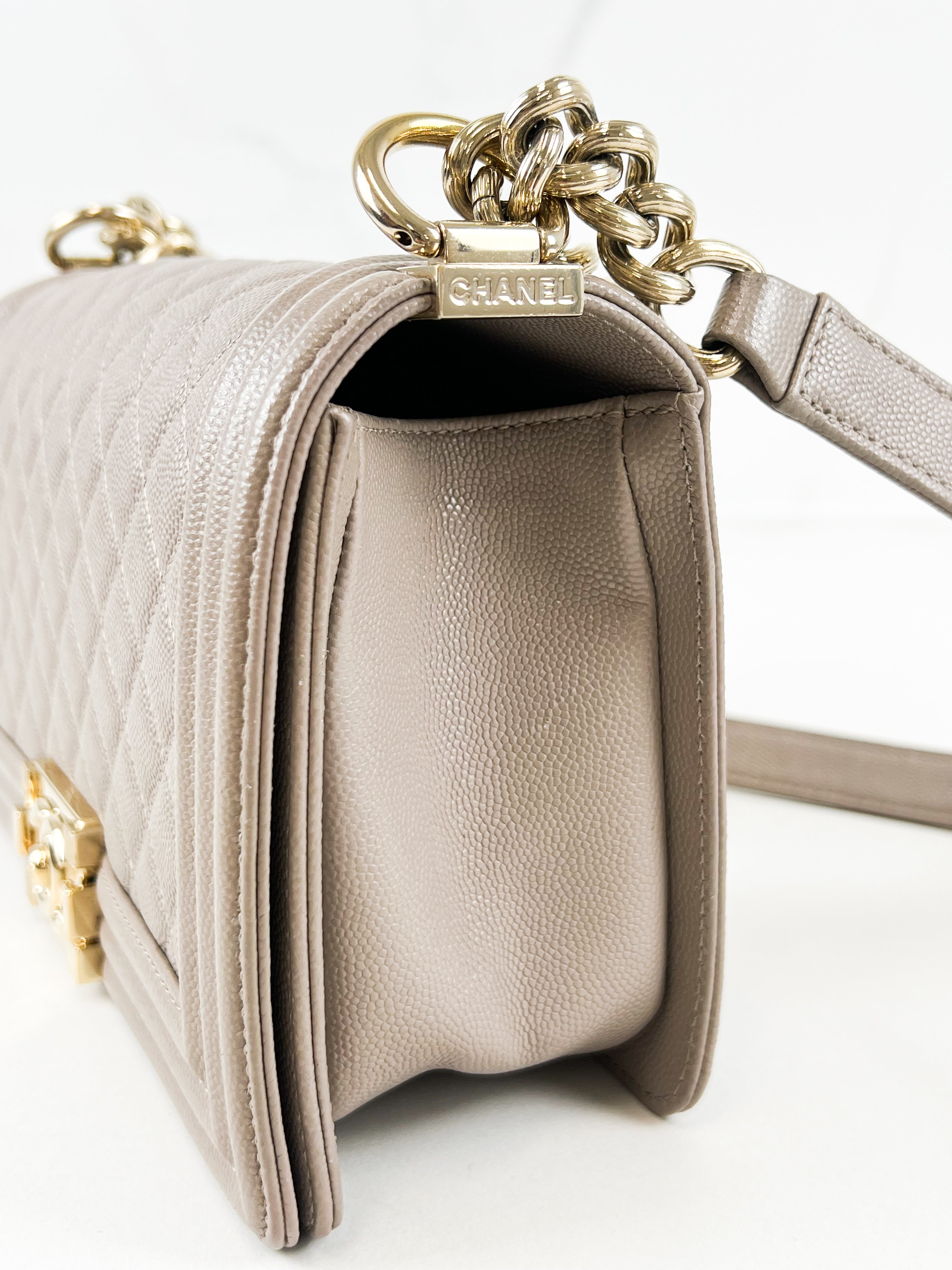 Chanel Beige Old Medium Quilted Caviar Leather Boy Bag GHW