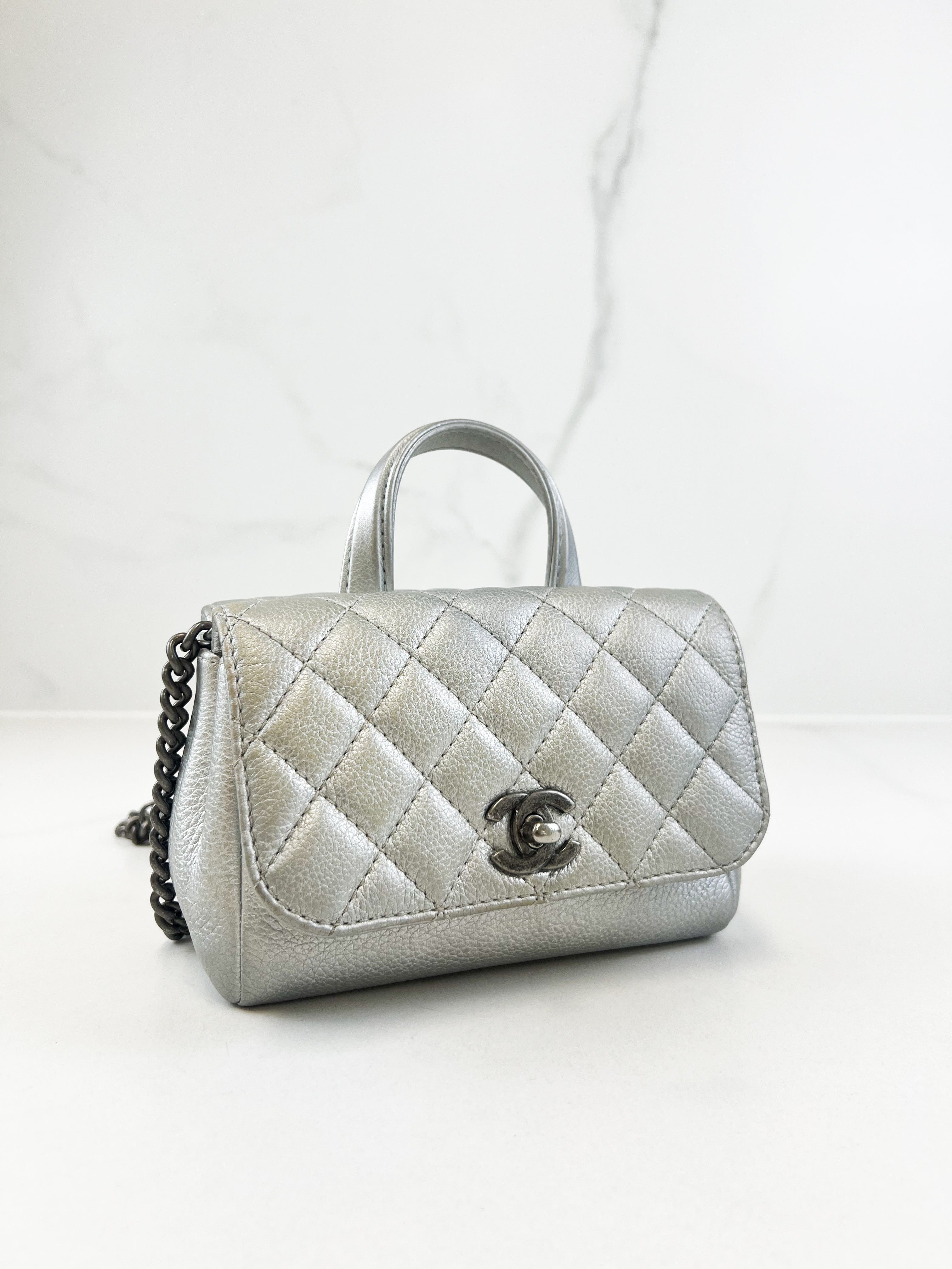 Chanel Quilted Caviar Mini Coco Silver Top Handle Bag