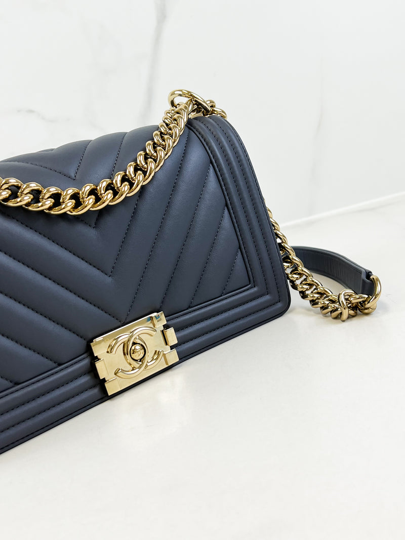 Chanel Charcoal Grey Old Medium Chevron Lambskin Boy Bag with Light Champagne GHW