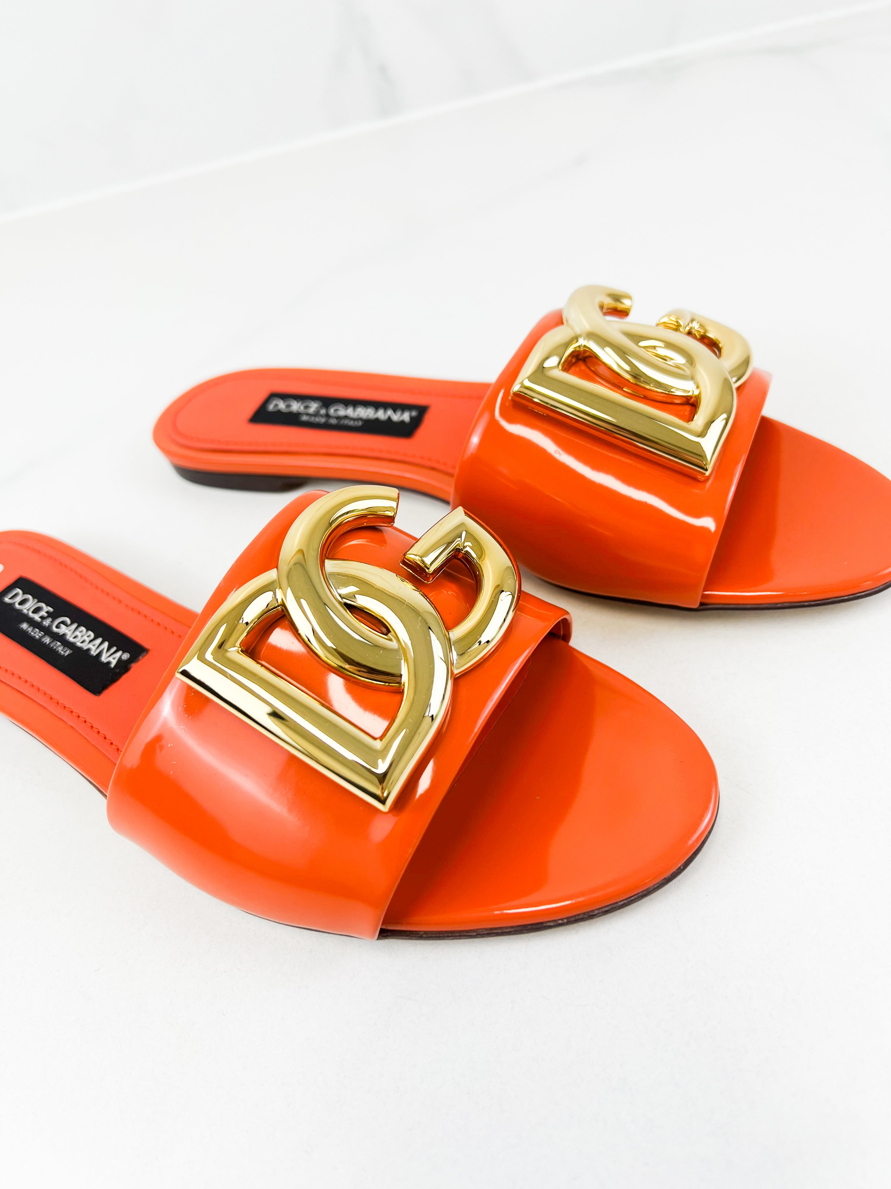 Dolce & Gabbana Orange Patent Leather Logo Slides Size 41