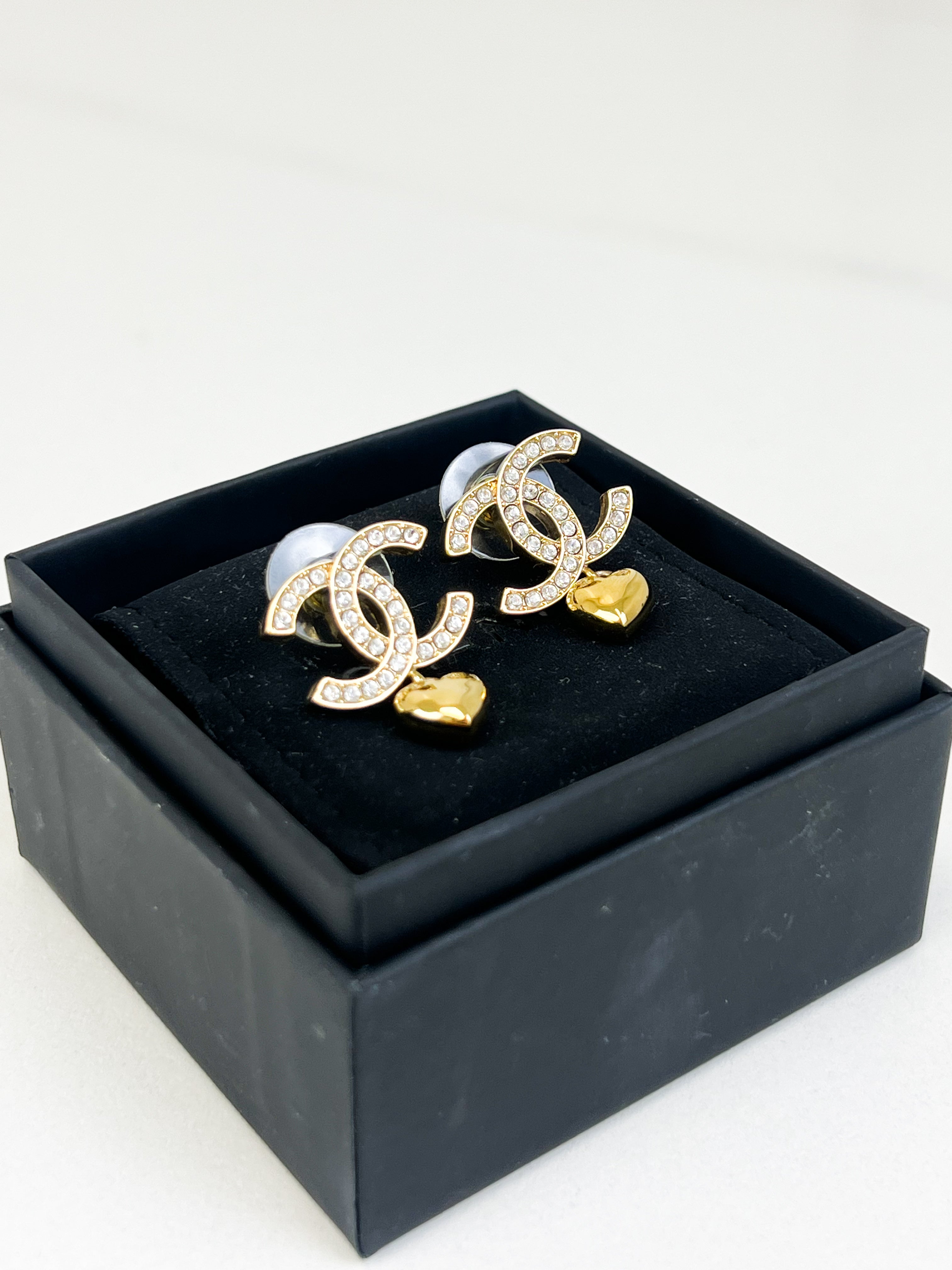Chanel CC Crystal Stud Earrings with Heart Drop