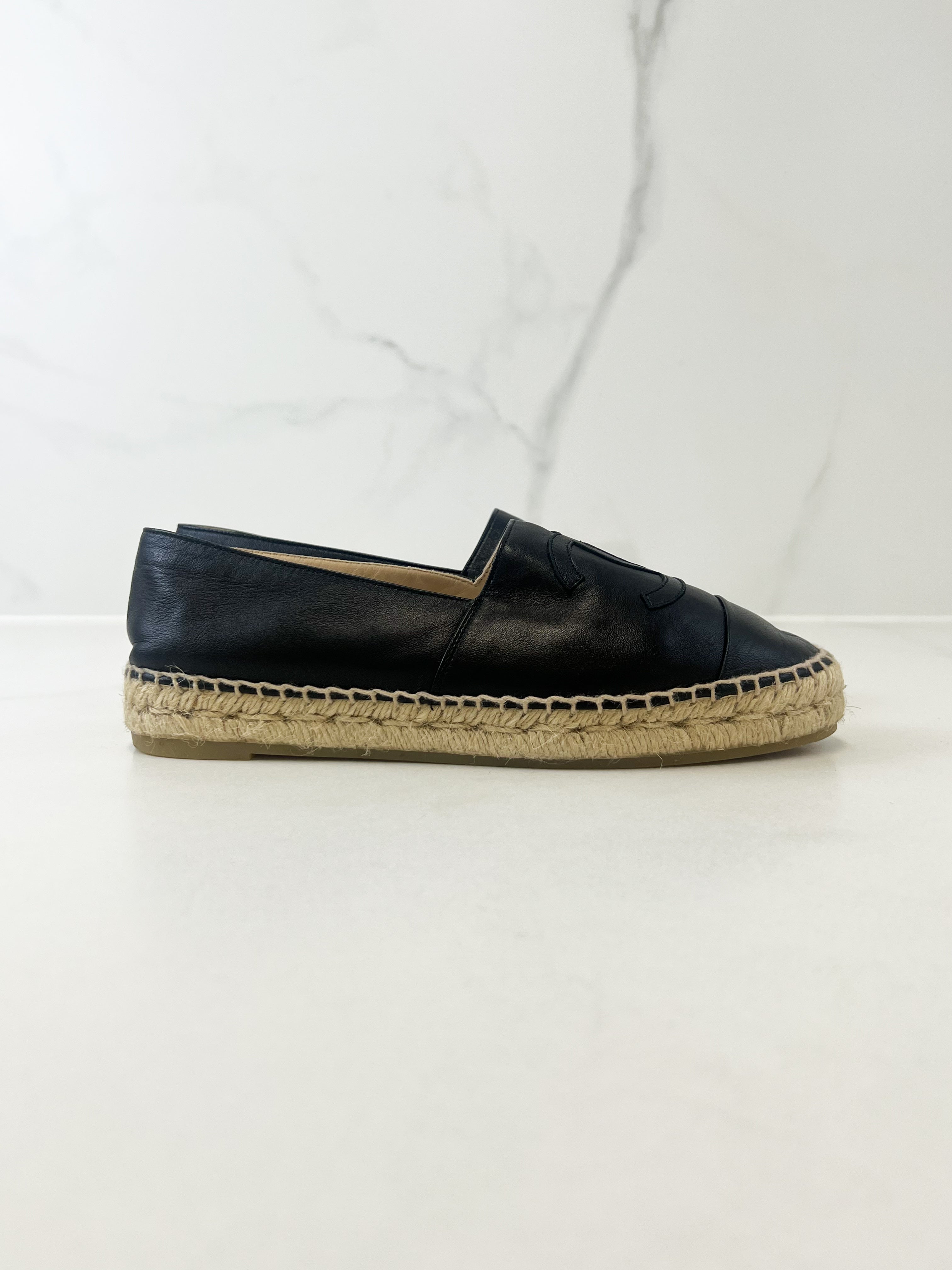 Chanel CC Logo Black Leather Espadrilles Size 37