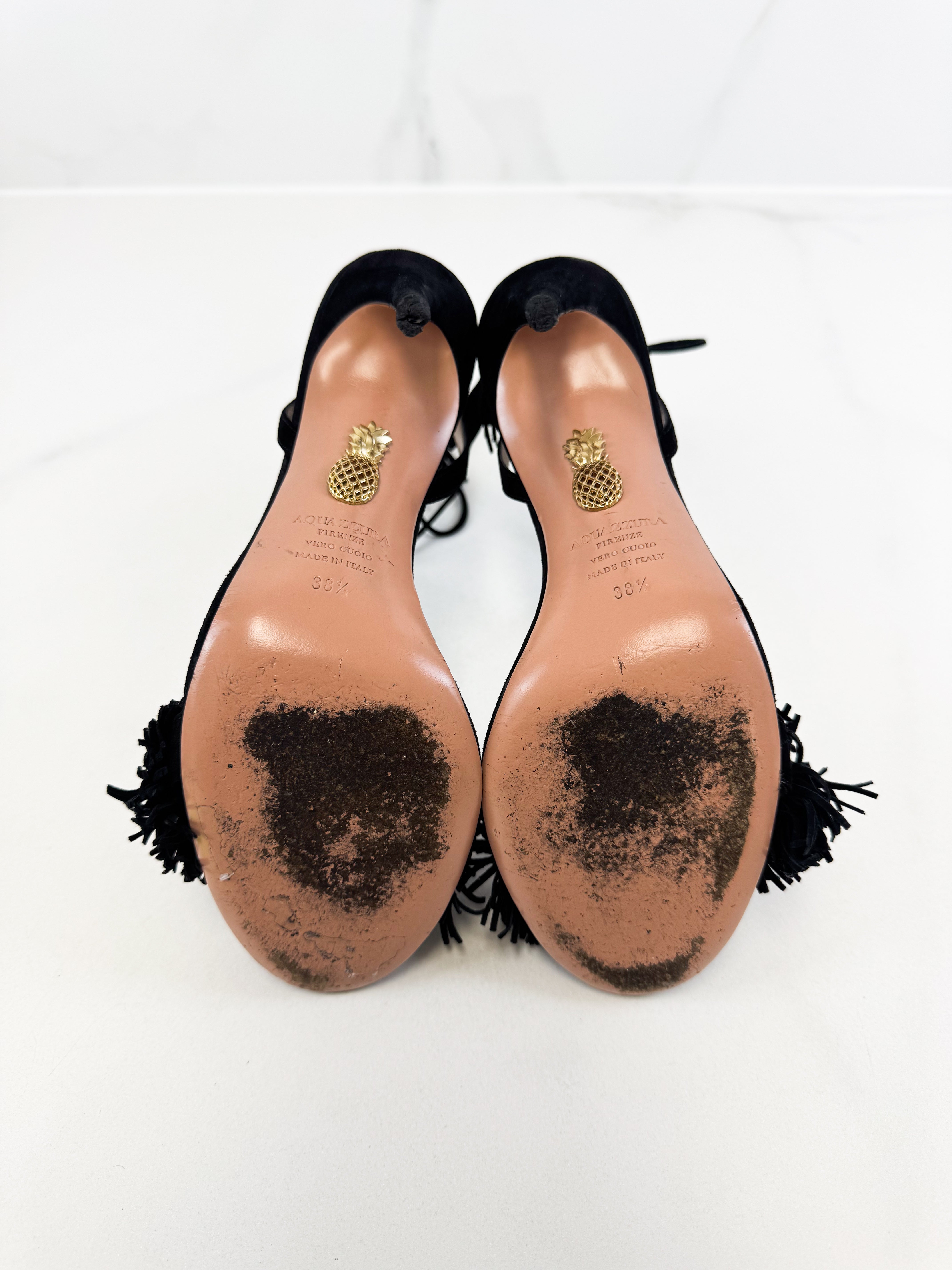 Aquazzura Black Suede Wild Thing Ankle Wrap Sandals Size 38.5