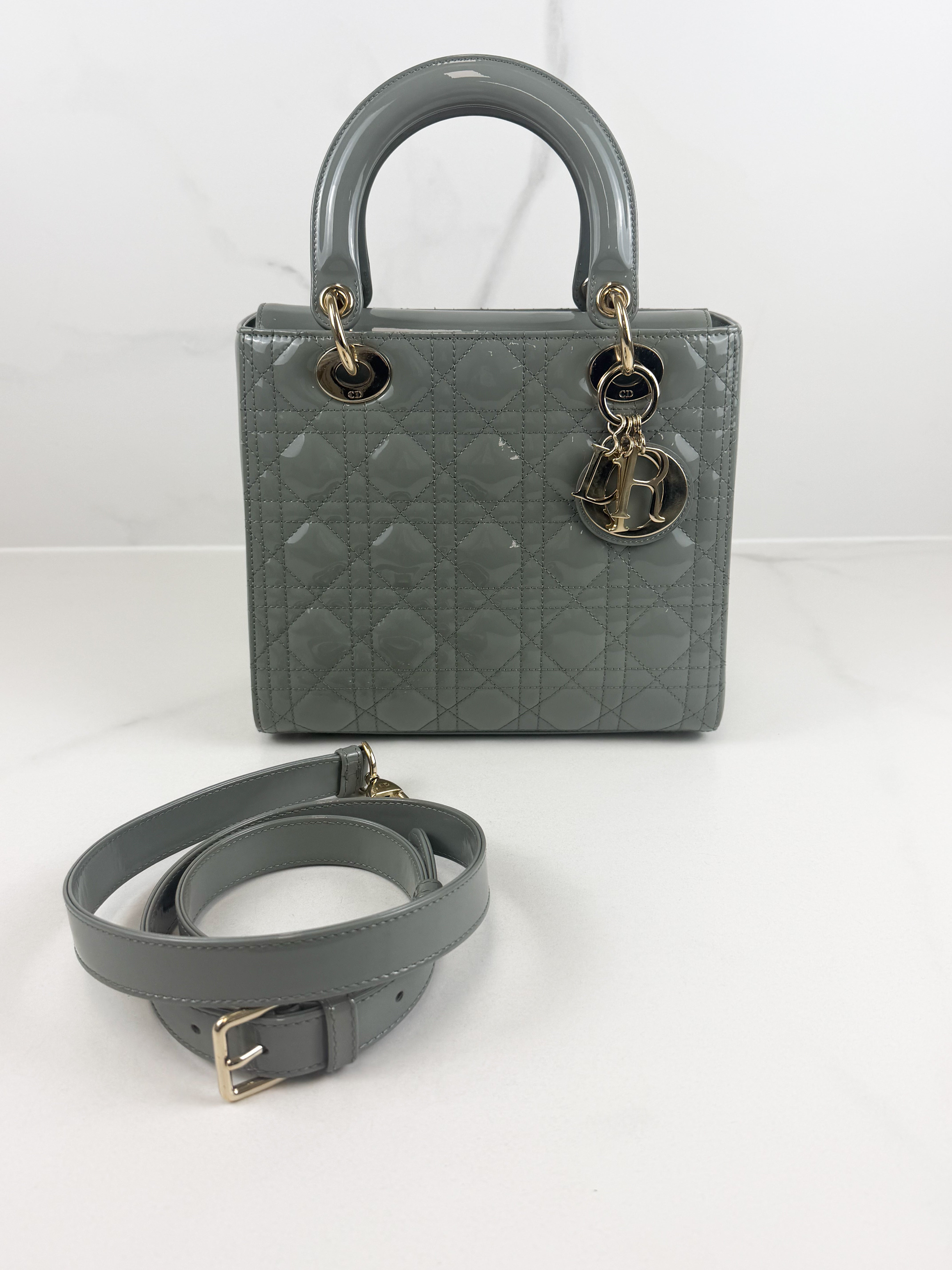 Christian Dior Medium Lady Dior In Grey Patent with GHW
