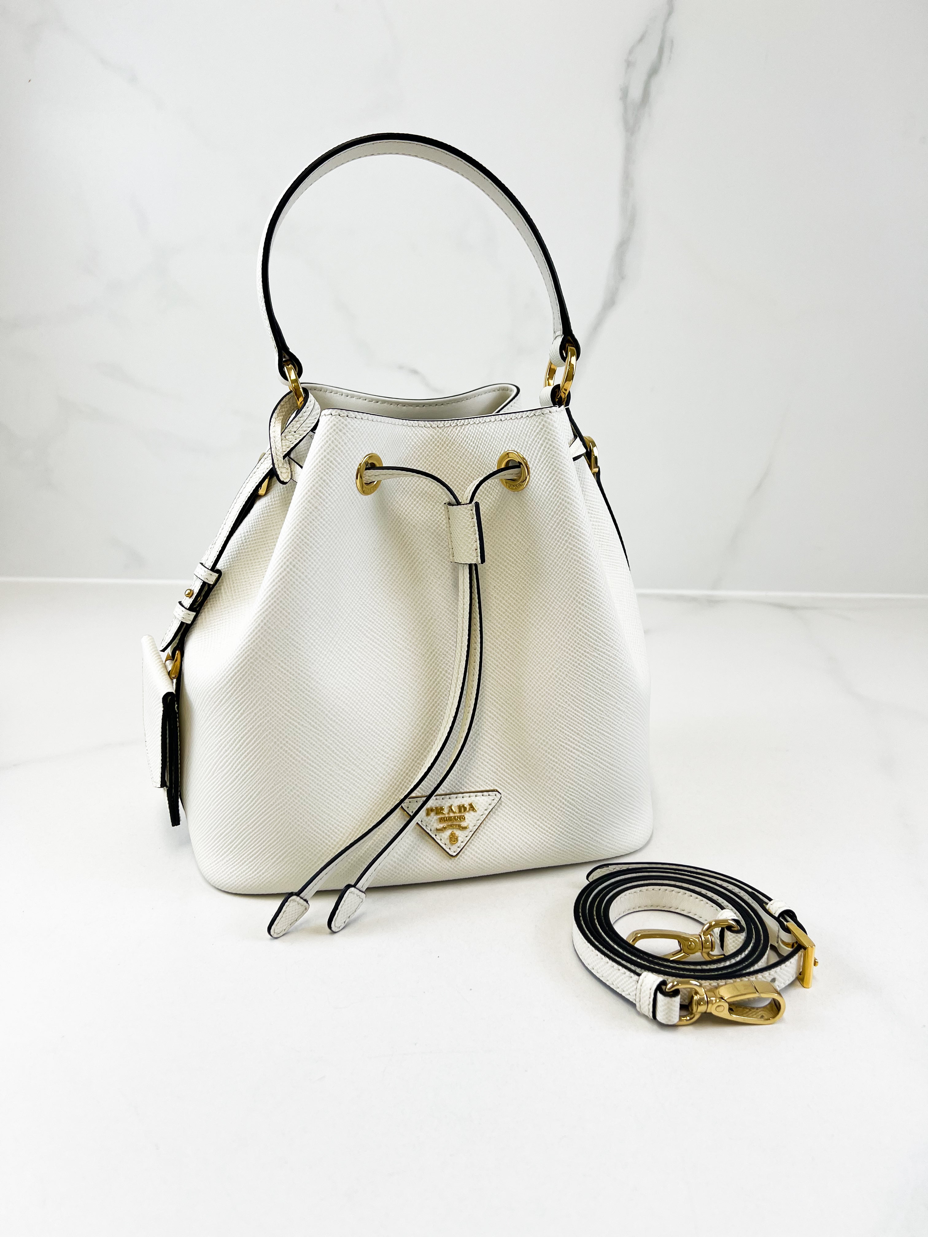 Prada Saffiano Top Handle Bucket Bag in White