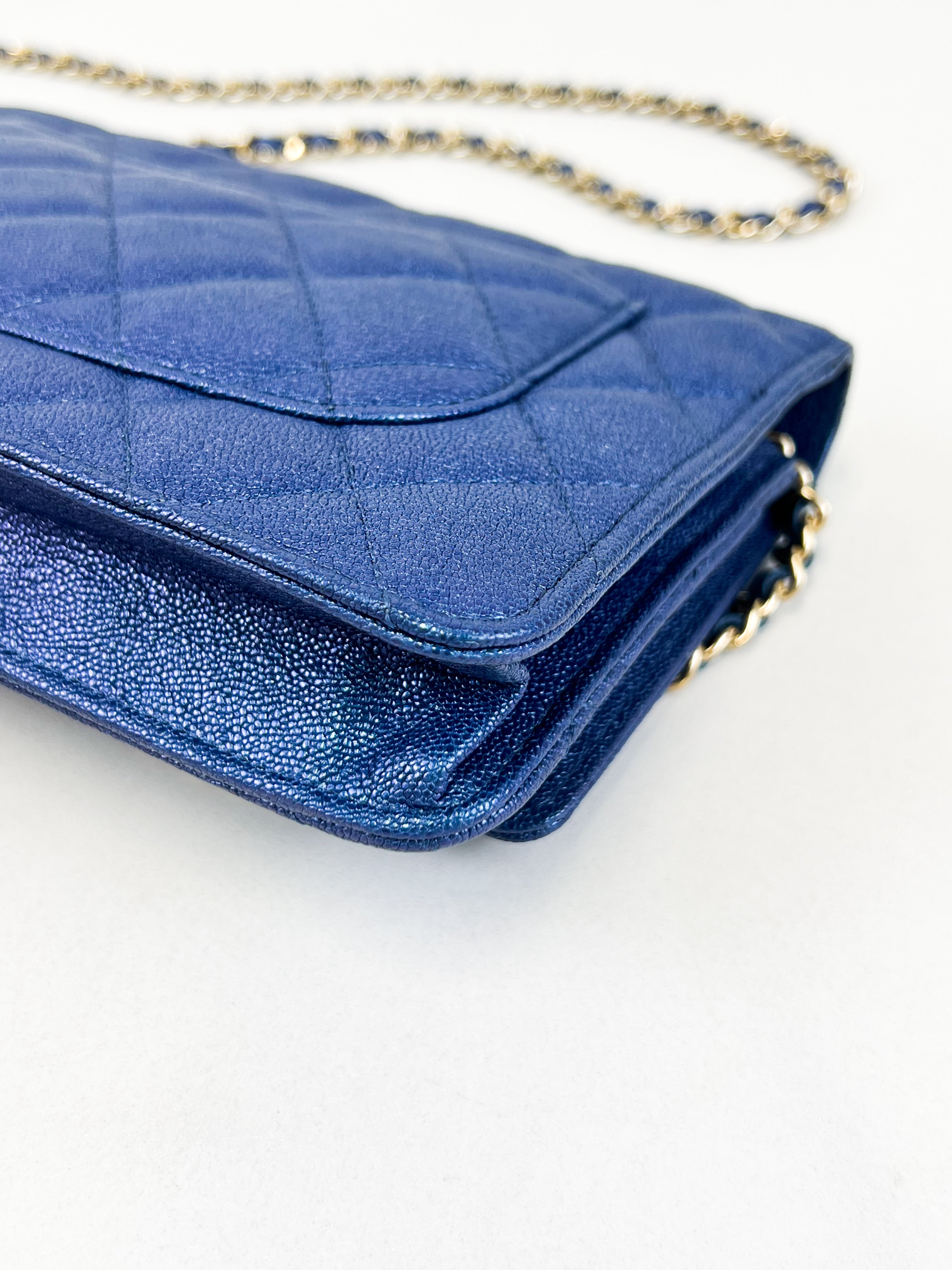 Chanel Metallic Blue Caviar Wallet on Chain with GHW