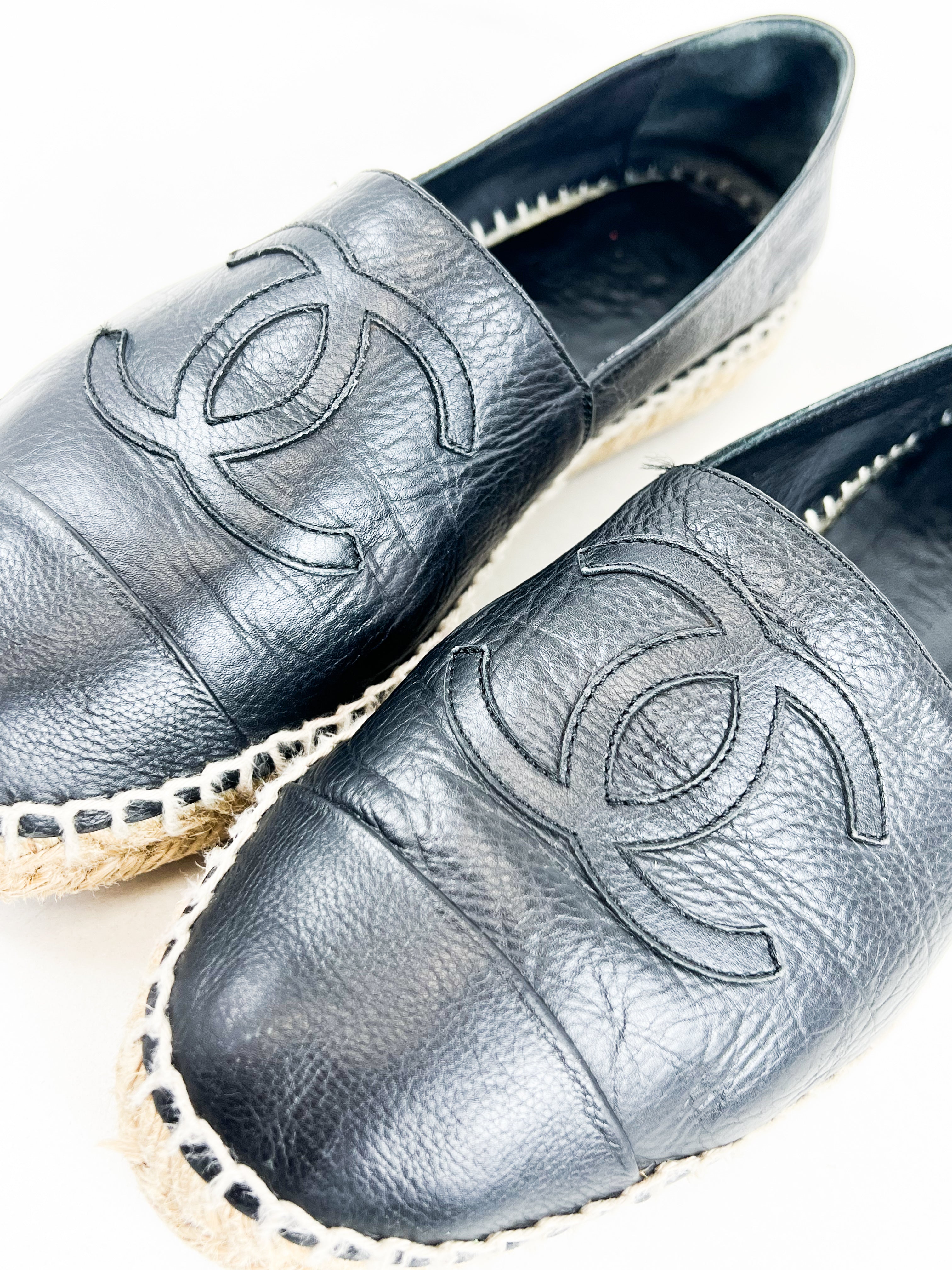 Chanel Black CC Leather Espadrille Size 38