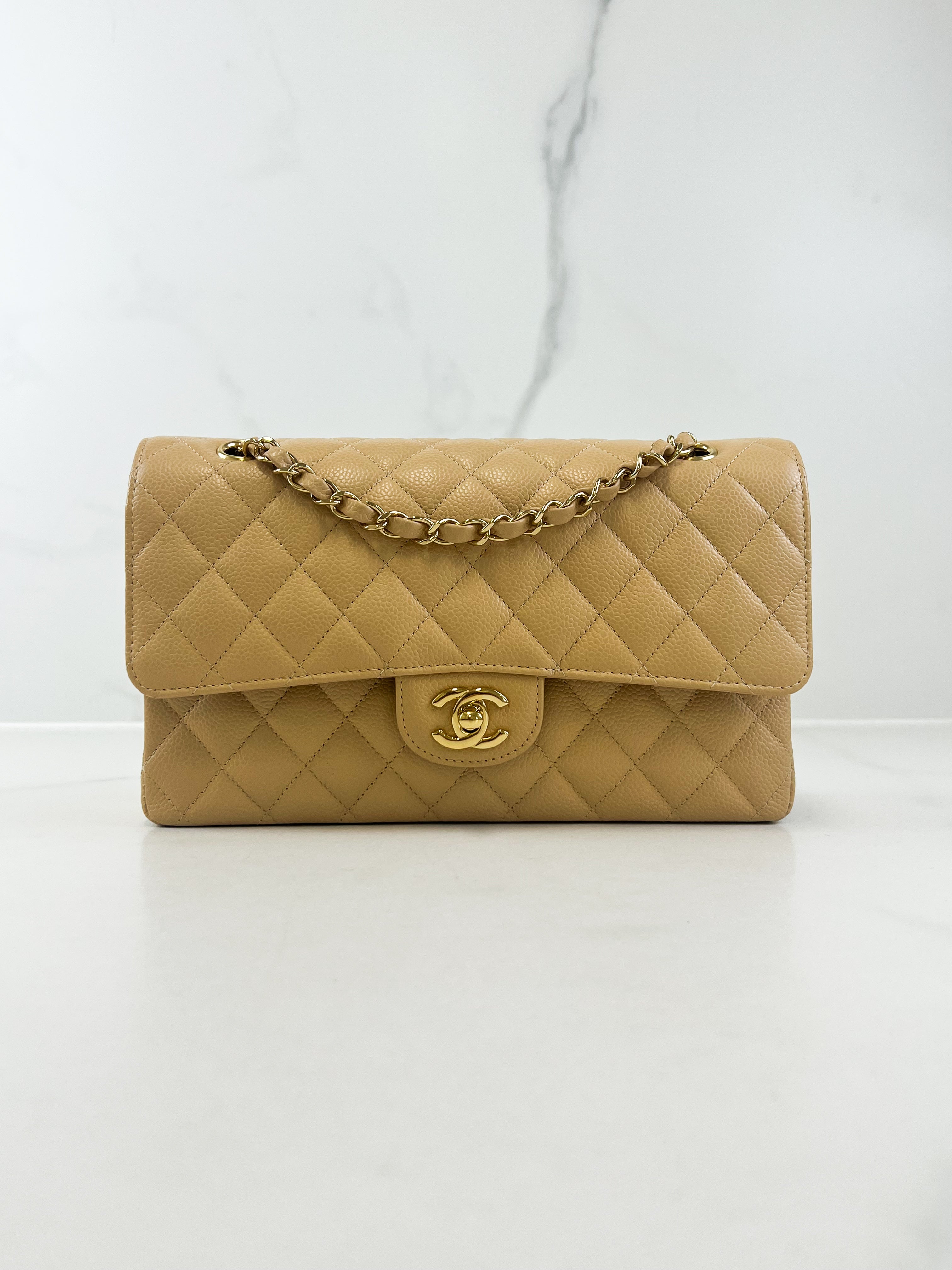 Chanel CC Medium Caviar Beige Classic Double Flap Shoulder Bag