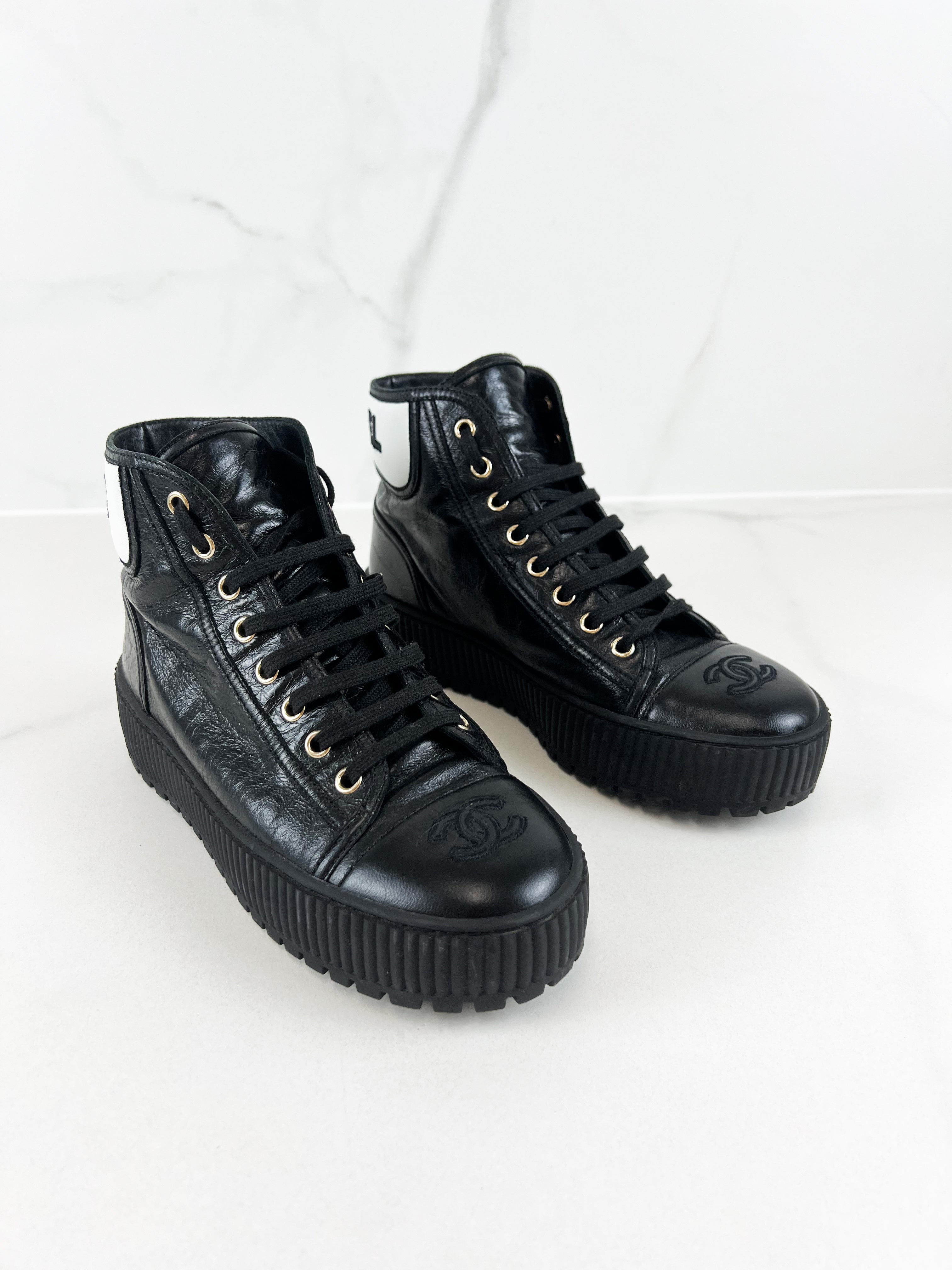Chanel Black Leather Cap Toe High Top Platform Sneaker Size 37.5C
