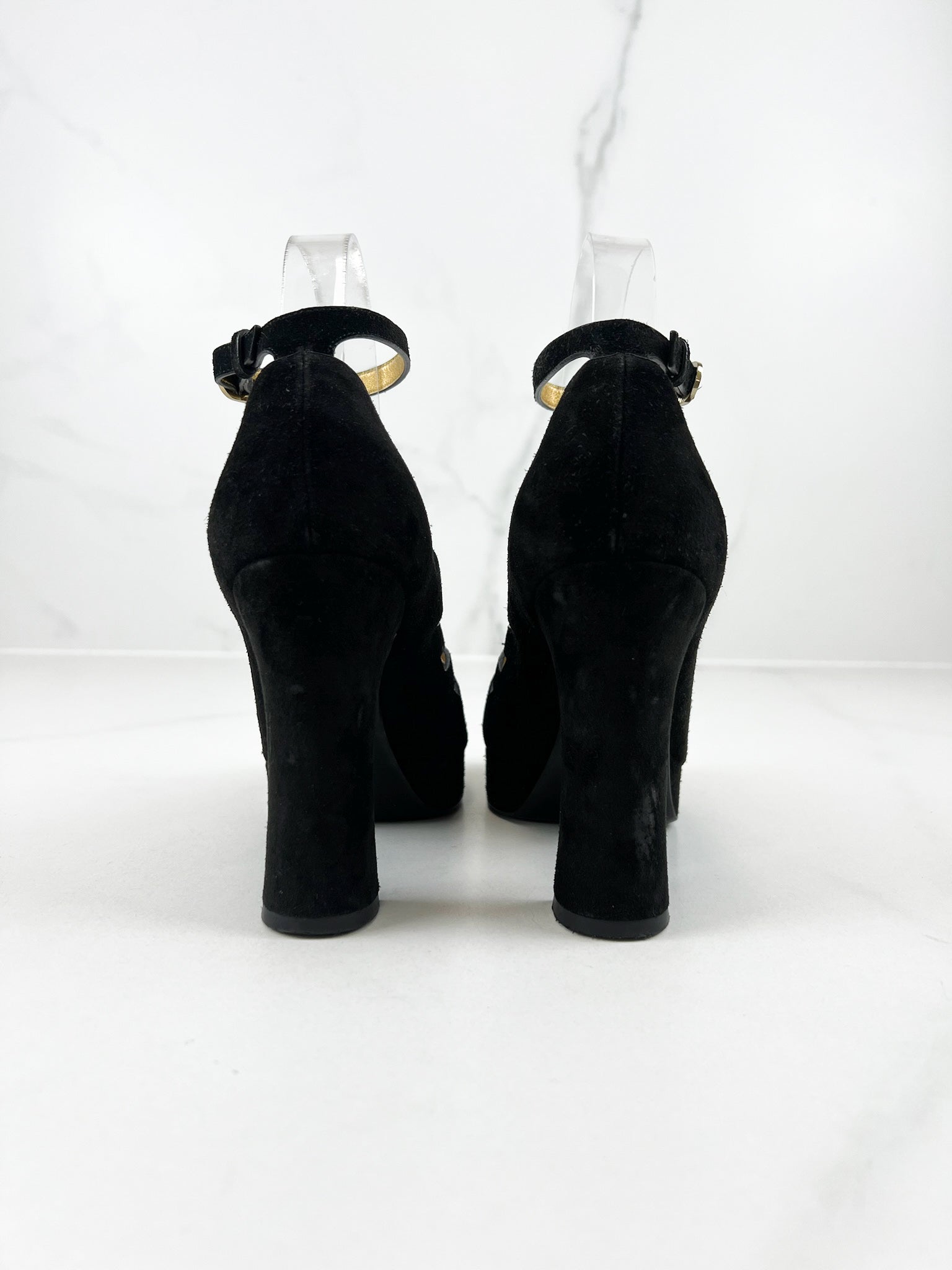 Chanel Suede Pearl Shamrock CC Sandal Pump in Black Size 36C