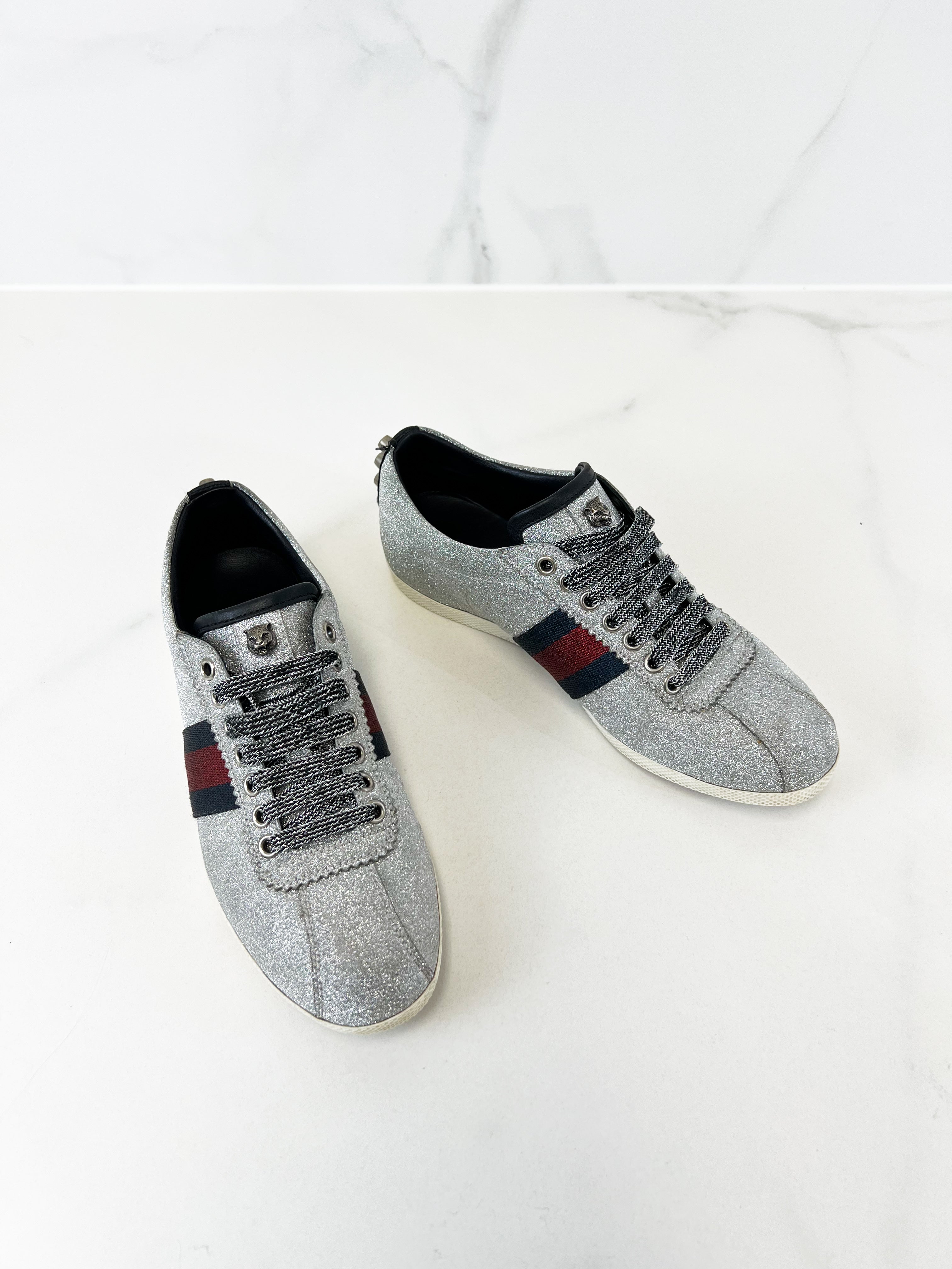 Gucci Bambi Silver Glitter GG Web Sneaker Size 37.5