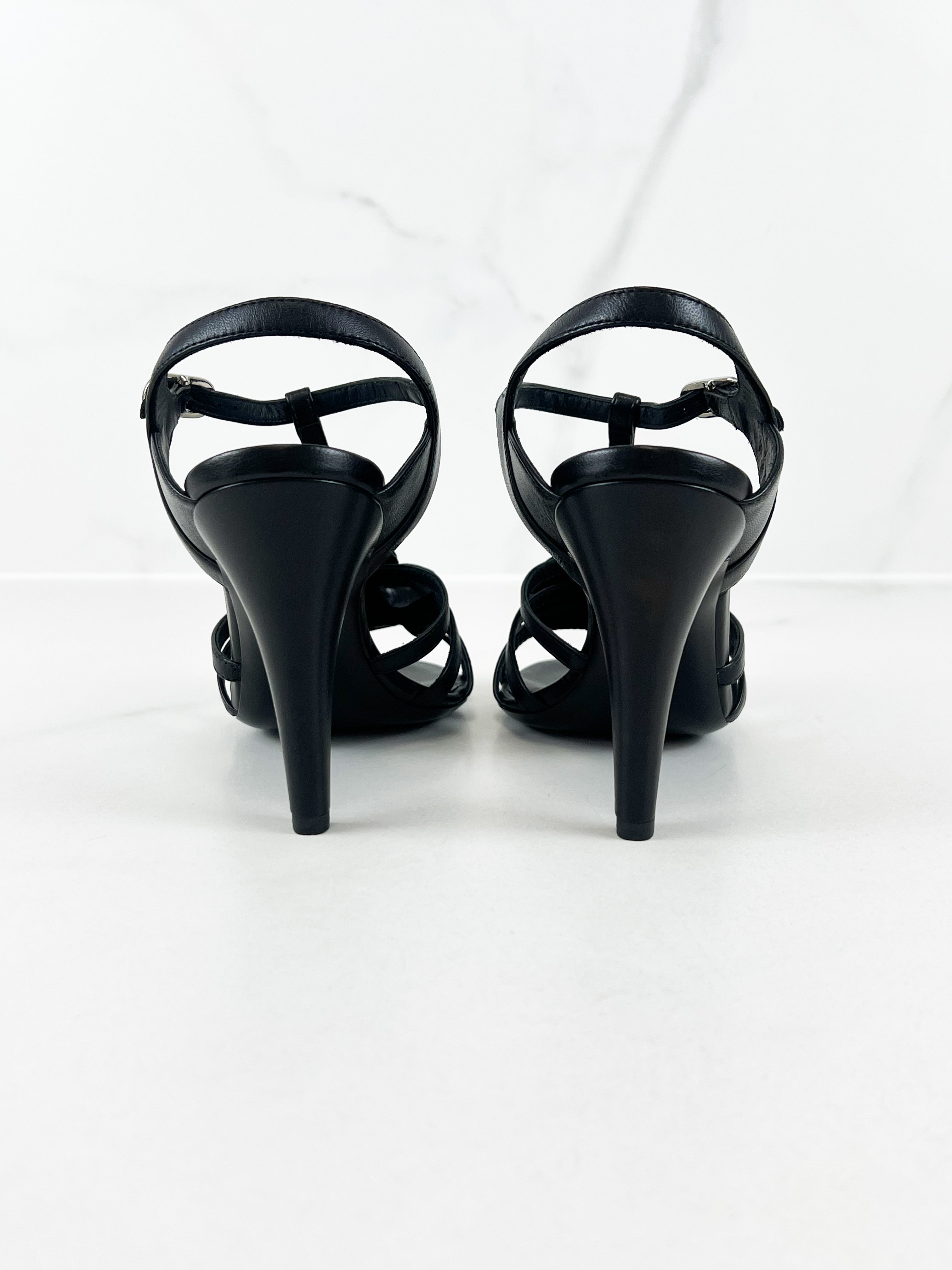 Chanel CC Black Leather Camellia Strappy Sandal