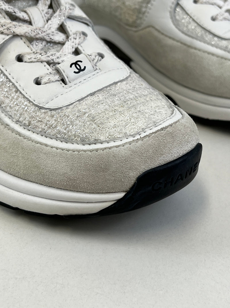Chanel CC Tweed White/Silver Iridescent Sneaker Size 40